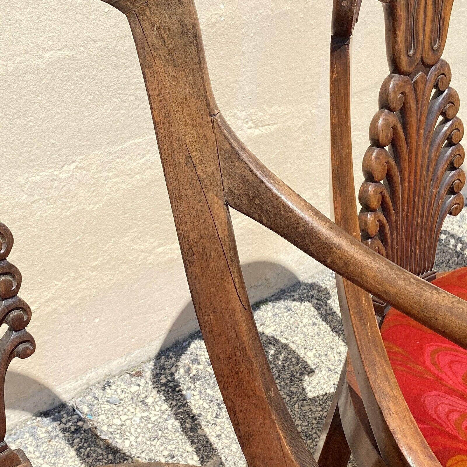 Vintage Regency Style Plume Carved Walnut Saber Leg Dining Chairs - Set of 6 For Sale 4