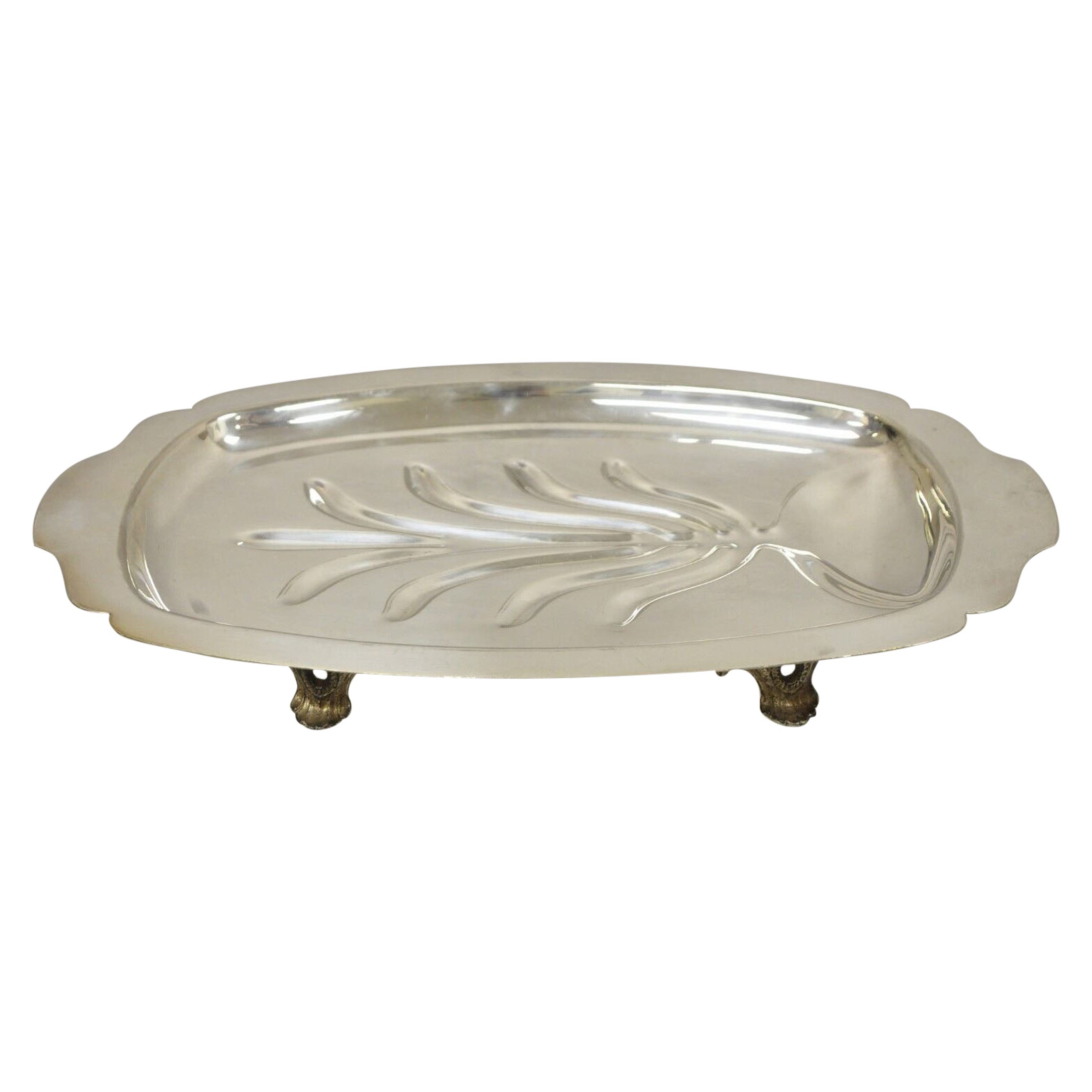 Vintage Regency Style Silver Plated 18" Footed Meat Tray Cutlery Platter For Sale