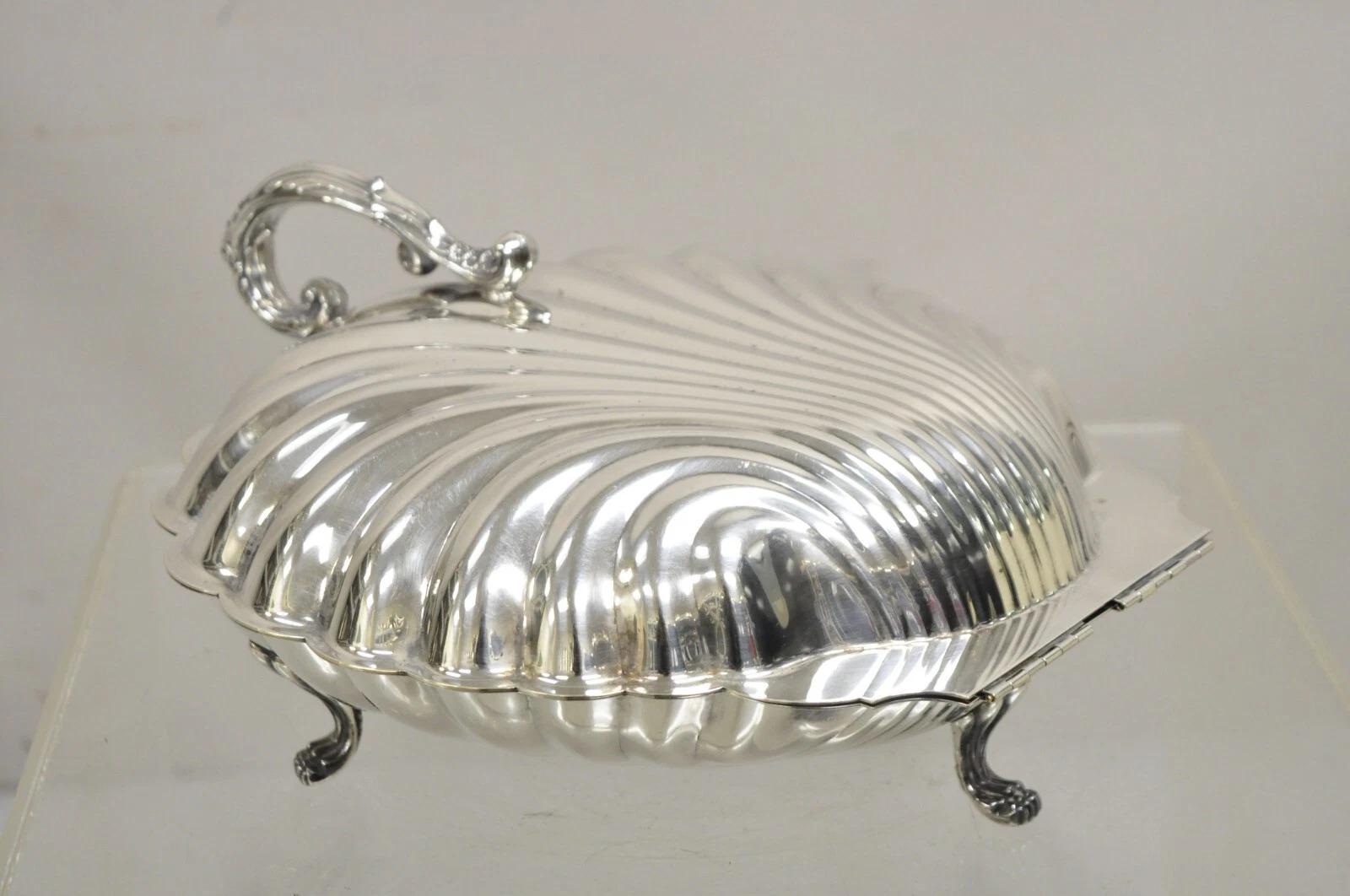 Plat de service à charnières de style Régence vintage en métal argenté en forme de coquillage de palourde en vente 3