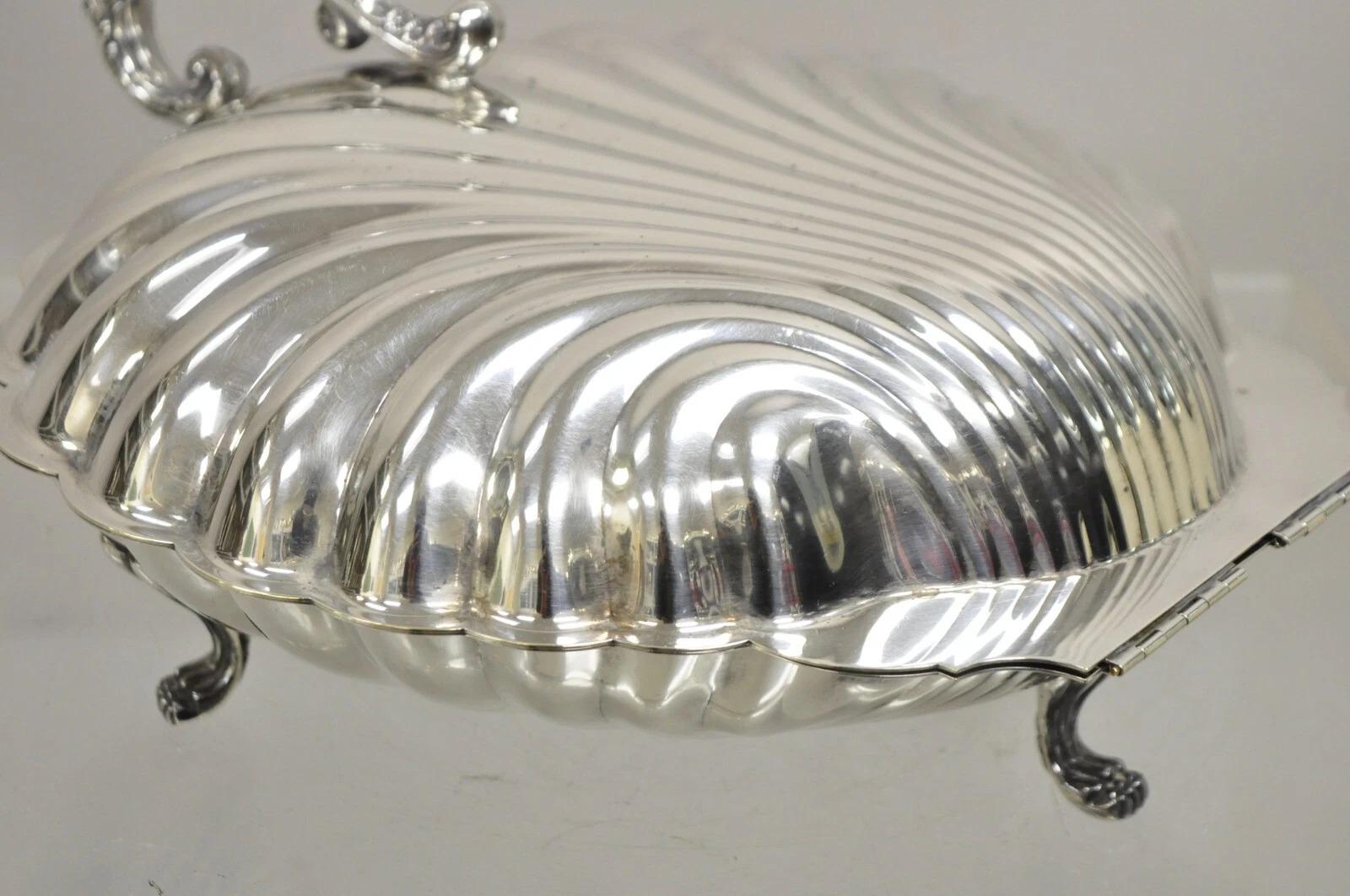 Plat de service à charnières de style Régence vintage en métal argenté en forme de coquillage de palourde en vente 4