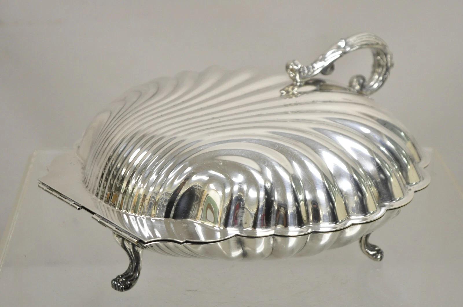 Plat de service à charnières de style Régence vintage en métal argenté en forme de coquillage de palourde en vente 5