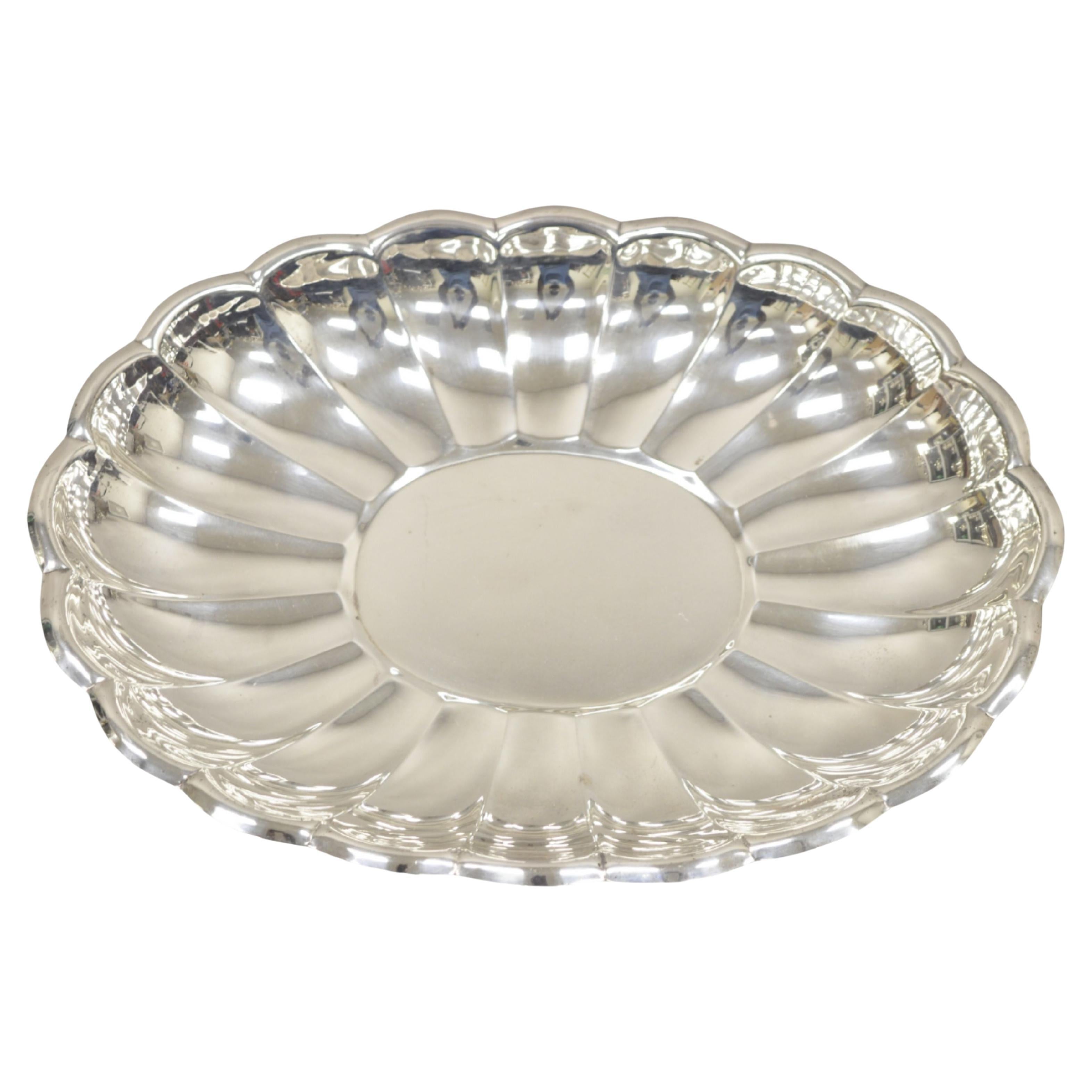 Vintage Regency Style Silver Plated Scalloped Oval Serving Platter Fruit Bowl For Sale