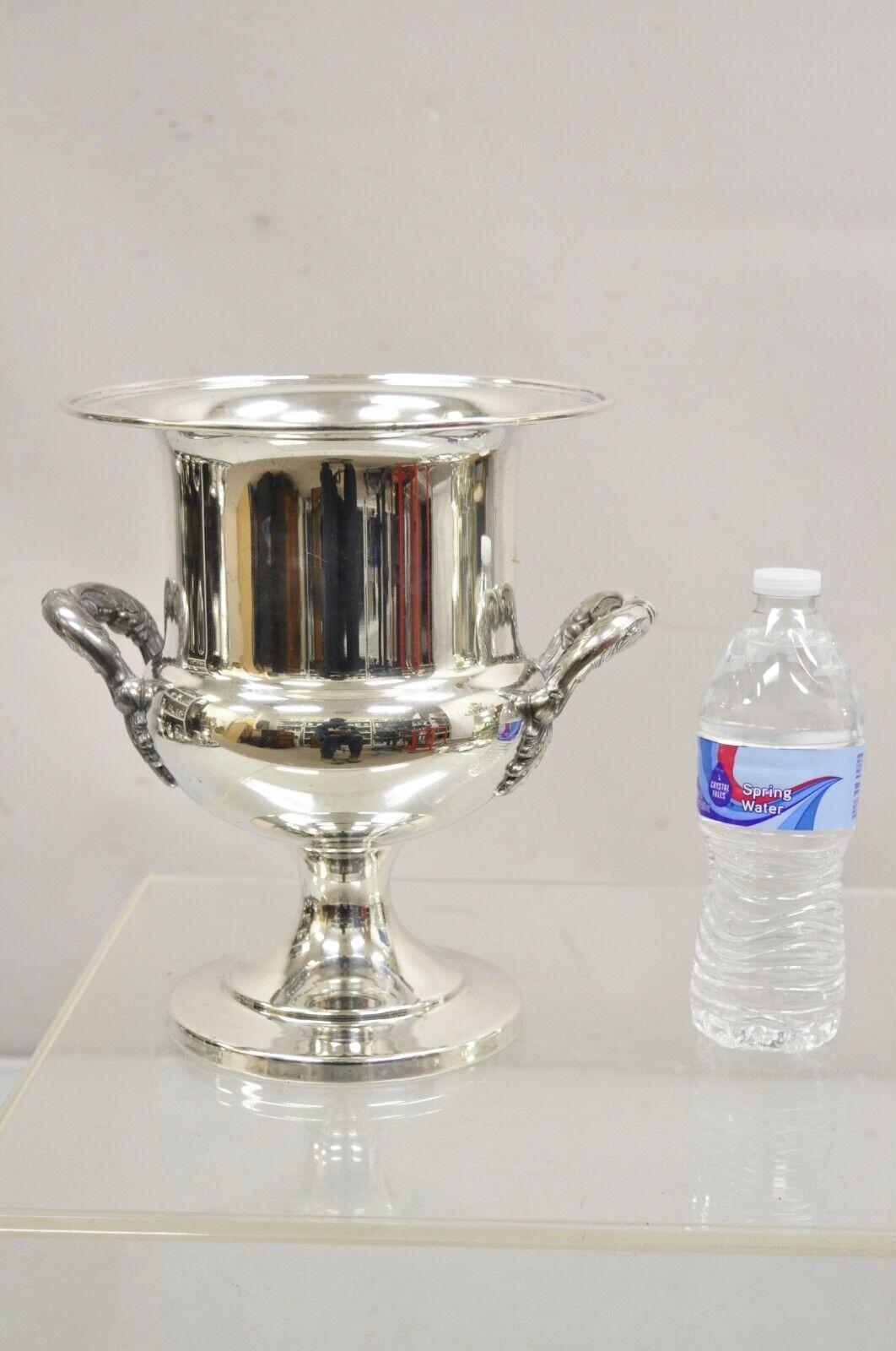 Vintage Regency Style Silver Plated Twin Handles Trophy Cup Champagne Chiller Ice Bucket. Circa Mid 20th Century. Measurements: 10.5