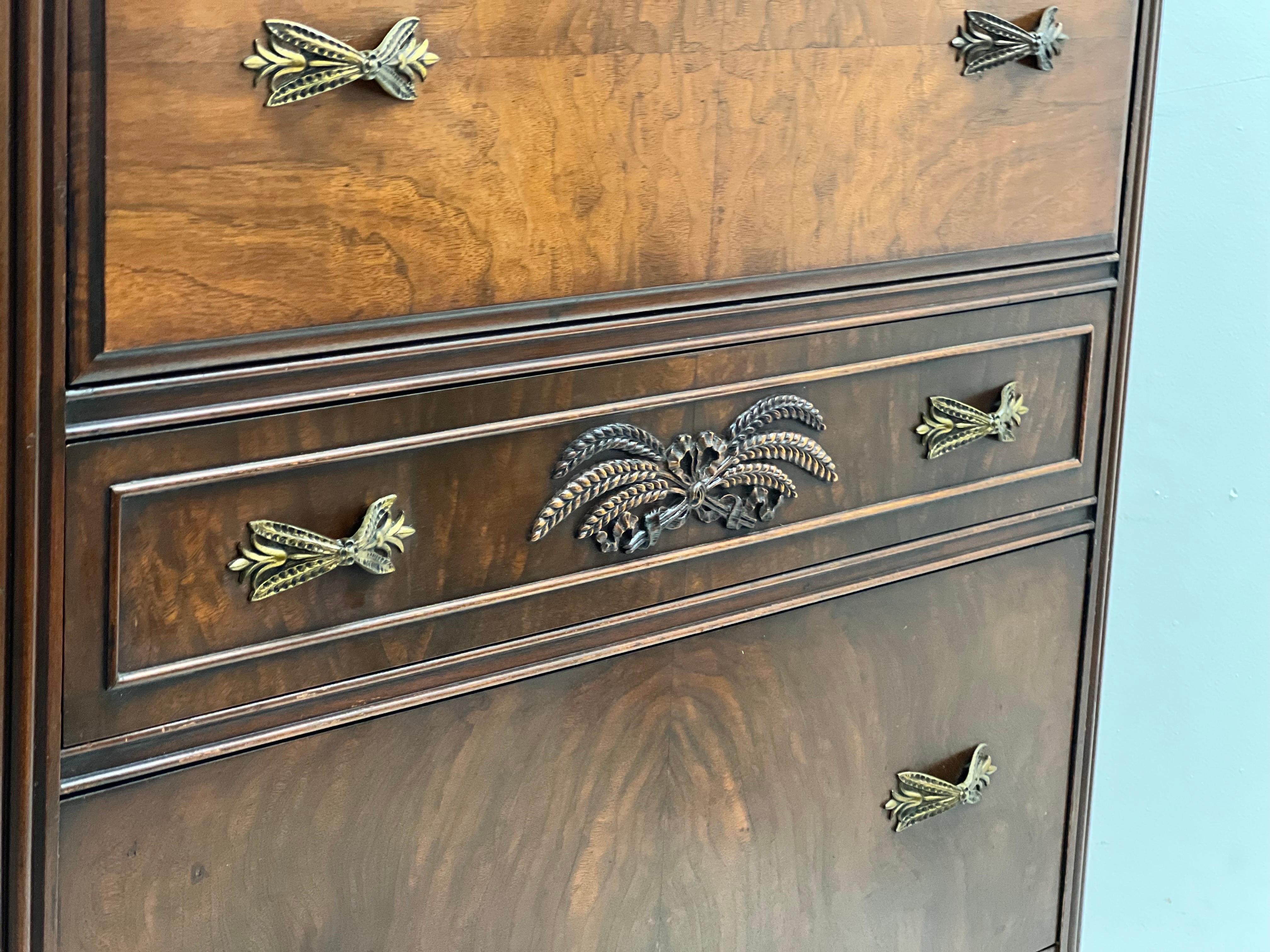 Vintage Regency Style Walnut and Mahogany Burl Wood Dresser For Sale 4