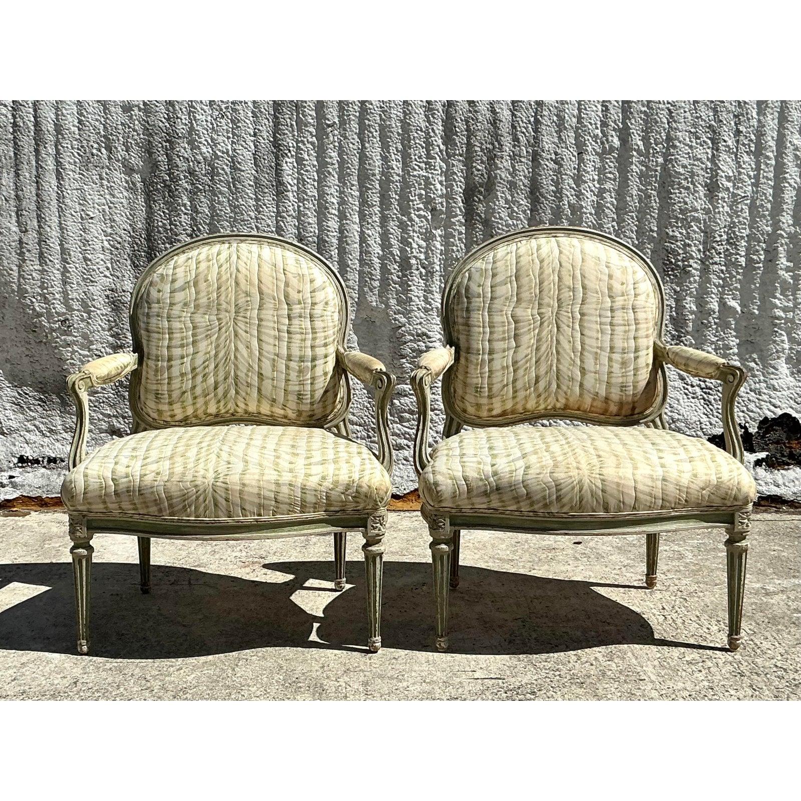 Fauteuil Vintage Regency Swag Print - Pareja en Bueno estado para la venta en West Palm Beach, FL