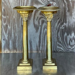 Vintage Regency Tagged Maitland-Smith Brass Column Candlesticks - a Pair
