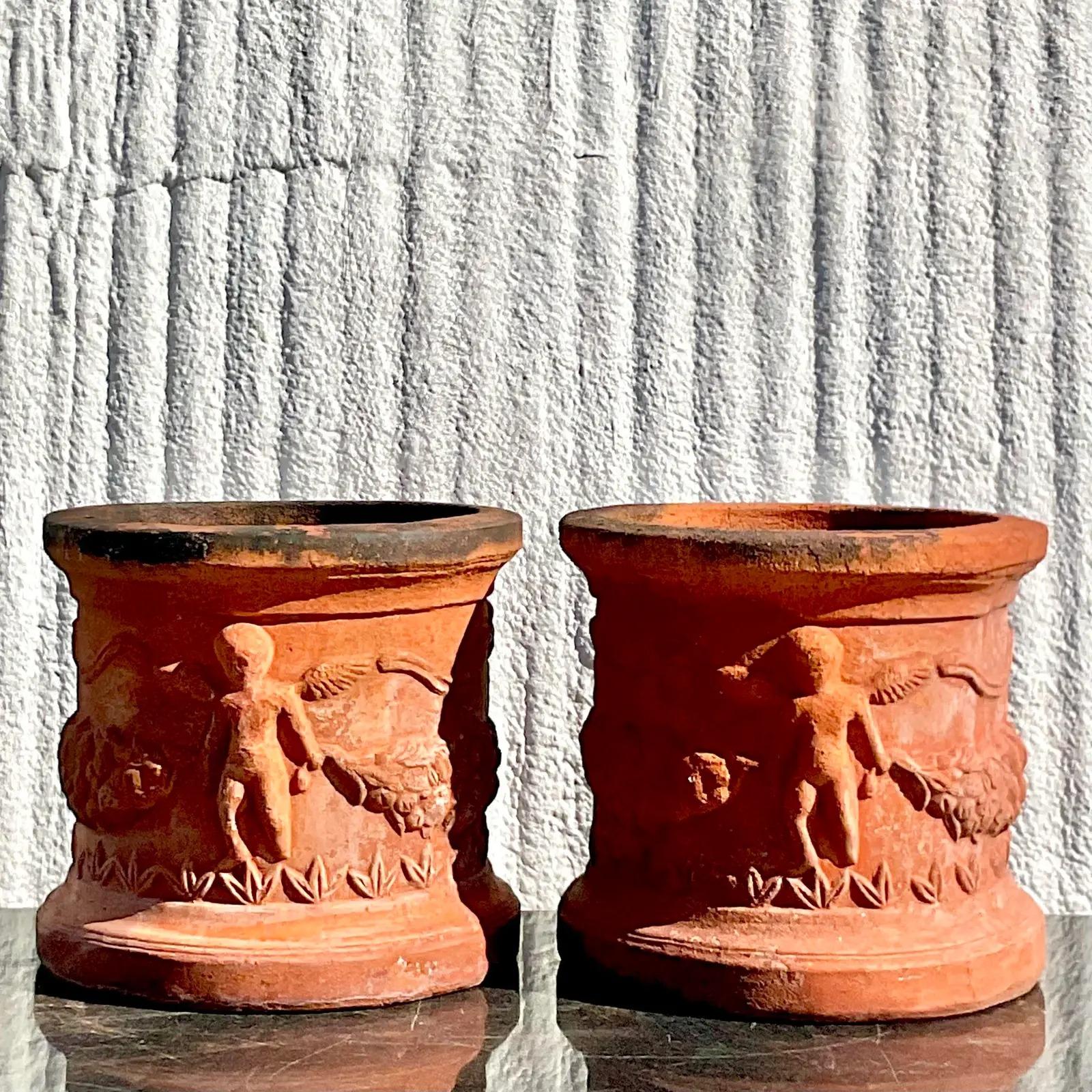 20th Century Vintage Regency Terra Cotta Cherub Planters, Pair