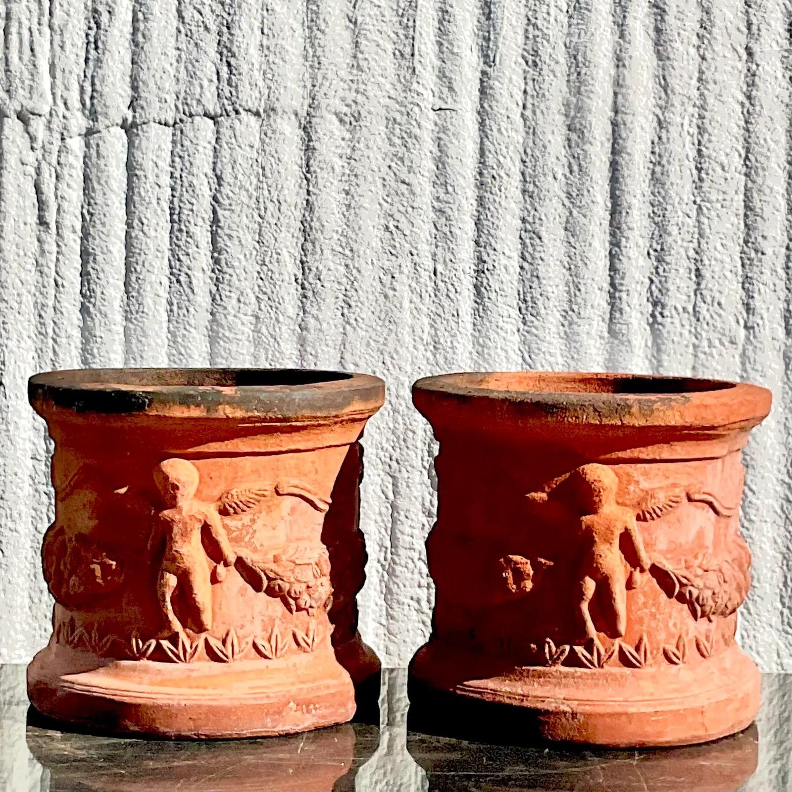 Vintage Regency Terra Cotta Cherub Planters, Pair 1
