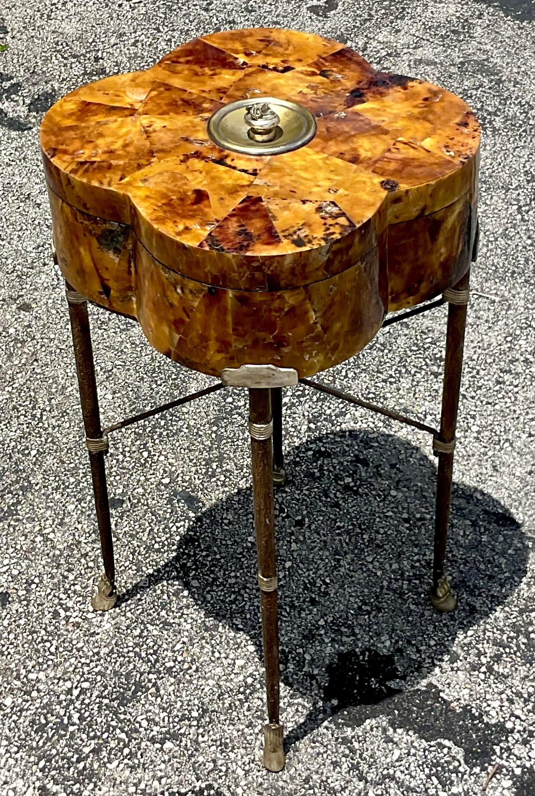 Metal Vintage Regency Tessellated Horn Lidded Box Side Table For Sale