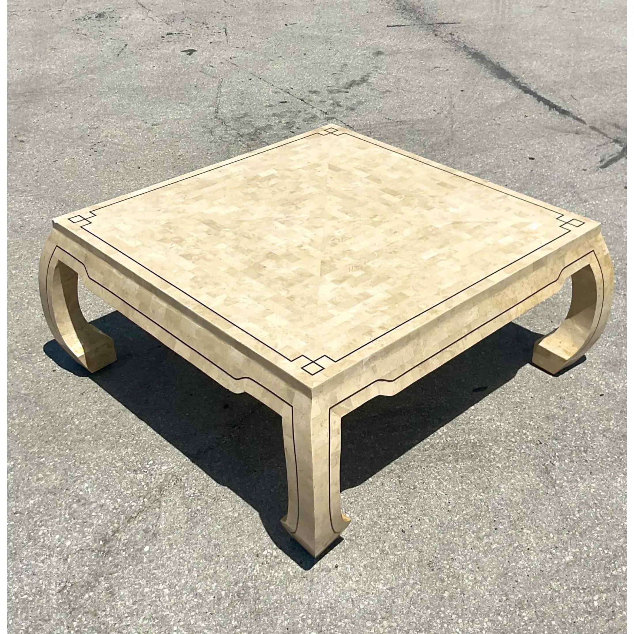 Brass Vintage Regency Tessellated Stone Ming Coffee Table For Sale