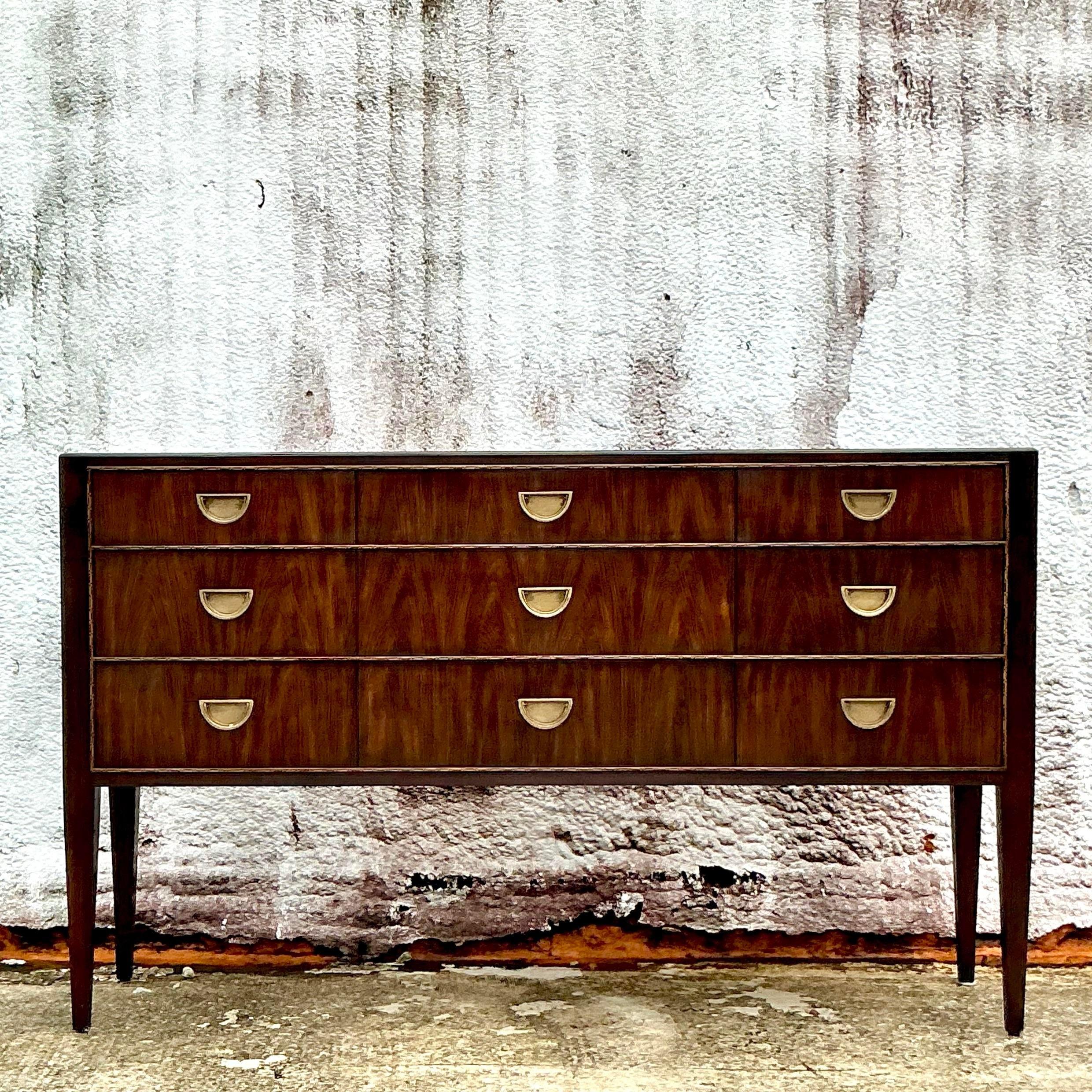 Brass Vintage Regency Theodore Alexander Flame Mahogany Credenza
