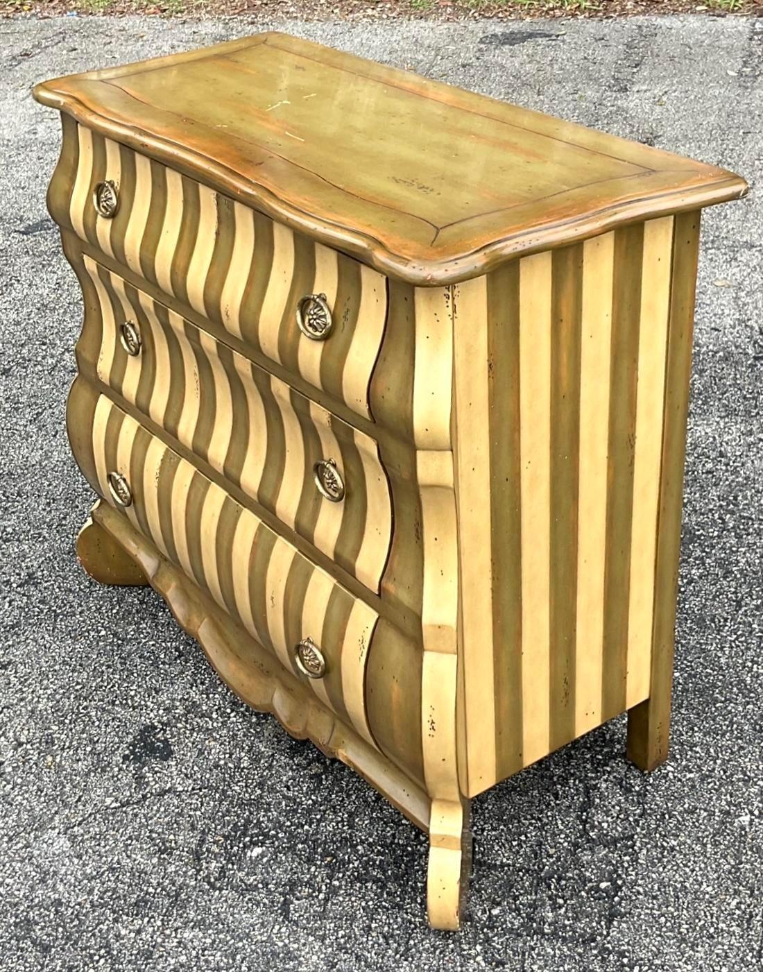 American Vintage Regency Theodore Alexander Striped Bombe Chest of Drawers For Sale