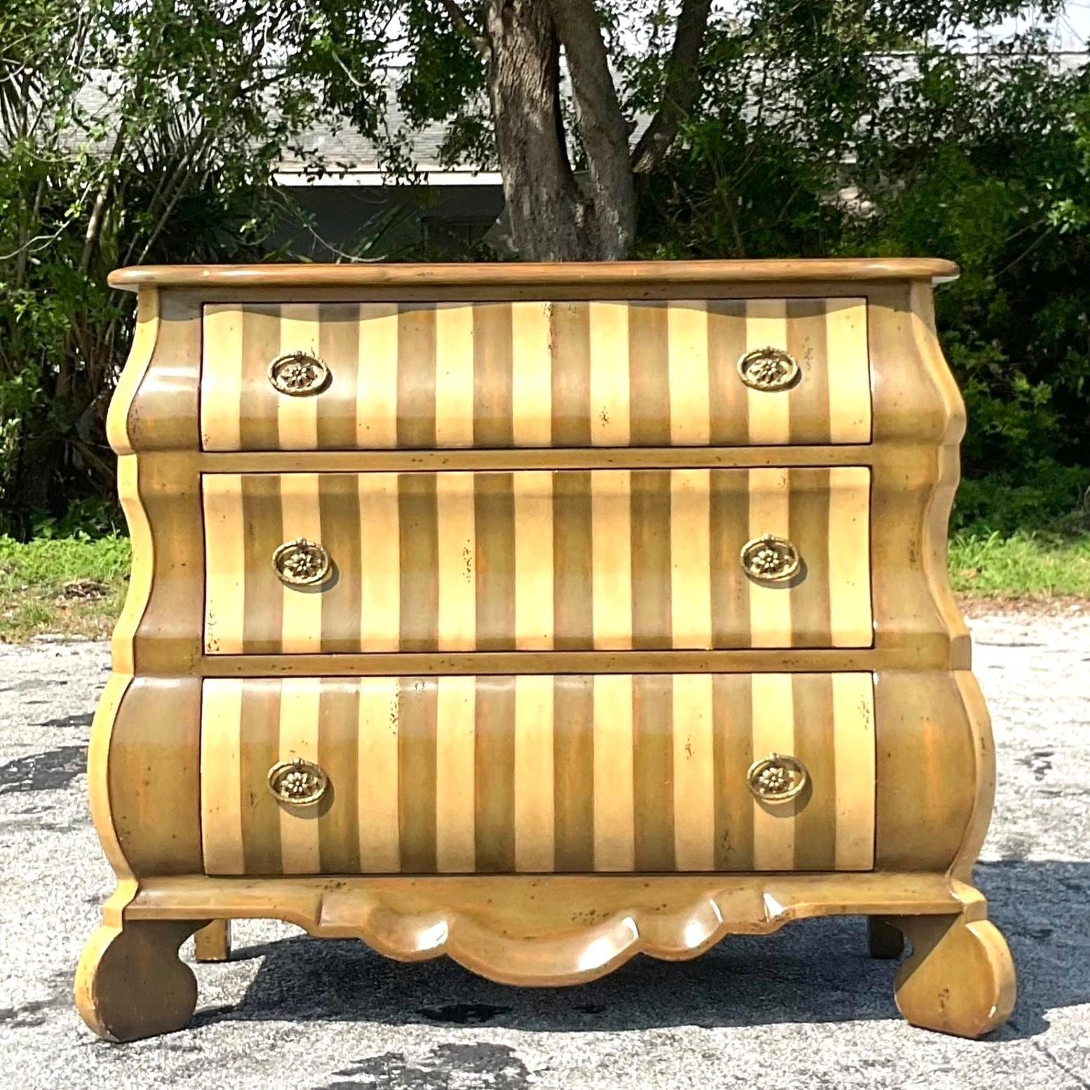 Vintage Regency Theodore Alexander Striped Bombe Chest of Drawers In Good Condition For Sale In west palm beach, FL