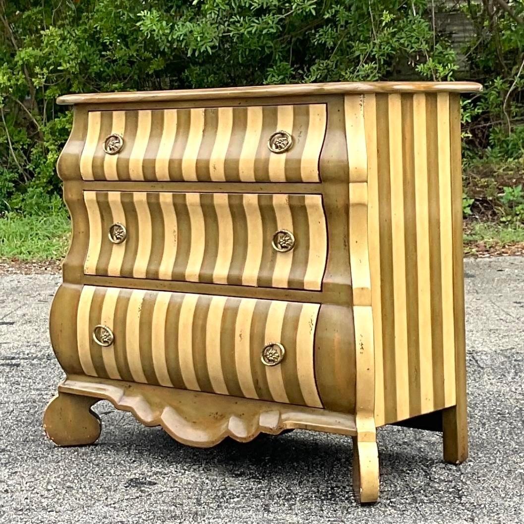 Brass Vintage Regency Theodore Alexander Striped Bombe Chest of Drawers For Sale