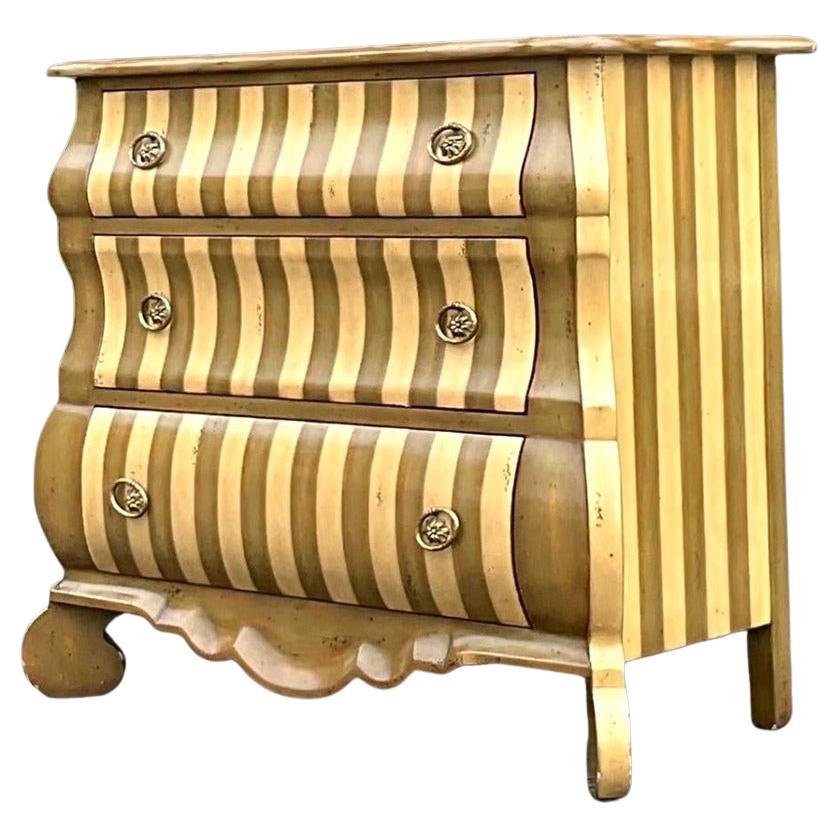 Vintage Regency Theodore Alexander Striped Bombe Chest of Drawers For Sale