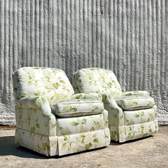 Vintage Regency Thibaut Hydrangea Print Sherrill Swivel Rocker Chairs, a Pair