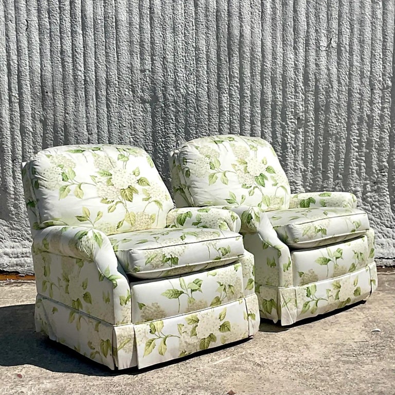 Script Flower Hydrangea Chair Vintage Regency Thibaut Hydrangea Print Sherrill Swivel Rocker Chairs ...