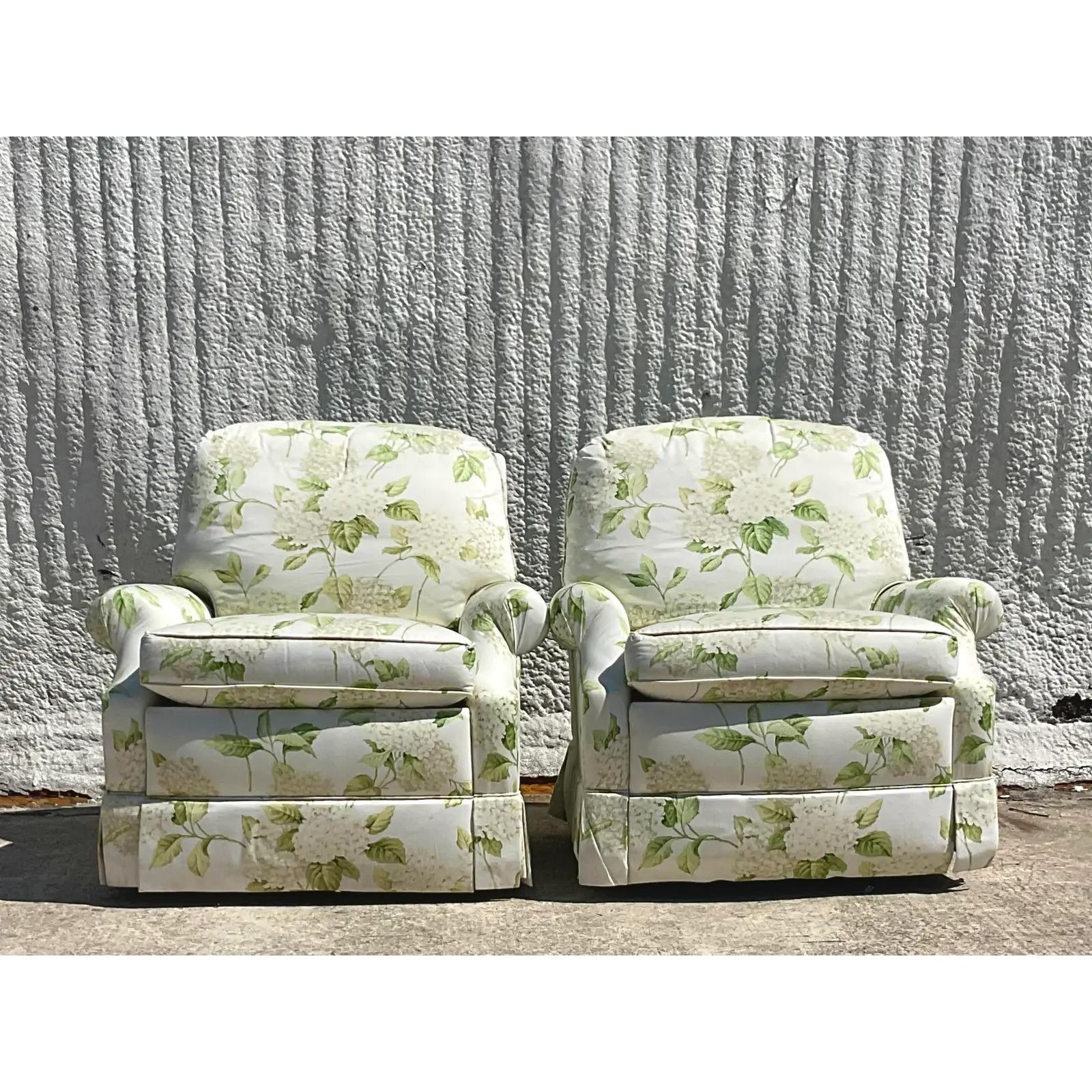 North American Vintage Regency Thibaut Hydrangea Print Sherrill Swivel Rocker Chairs, a Pair