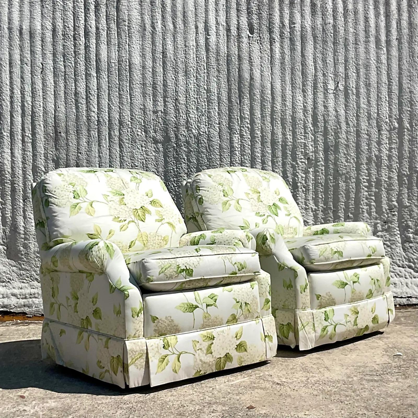 Fabric Vintage Regency Thibaut Hydrangea Print Sherrill Swivel Rocker Chairs, a Pair