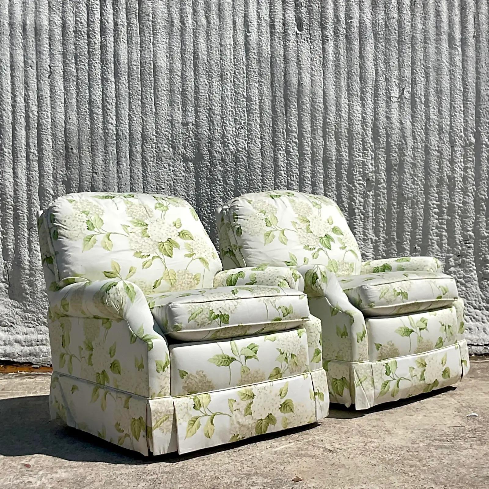 Vintage Regency Thibaut Hydrangea Print Sherrill Swivel Rocker Chairs, a Pair 1