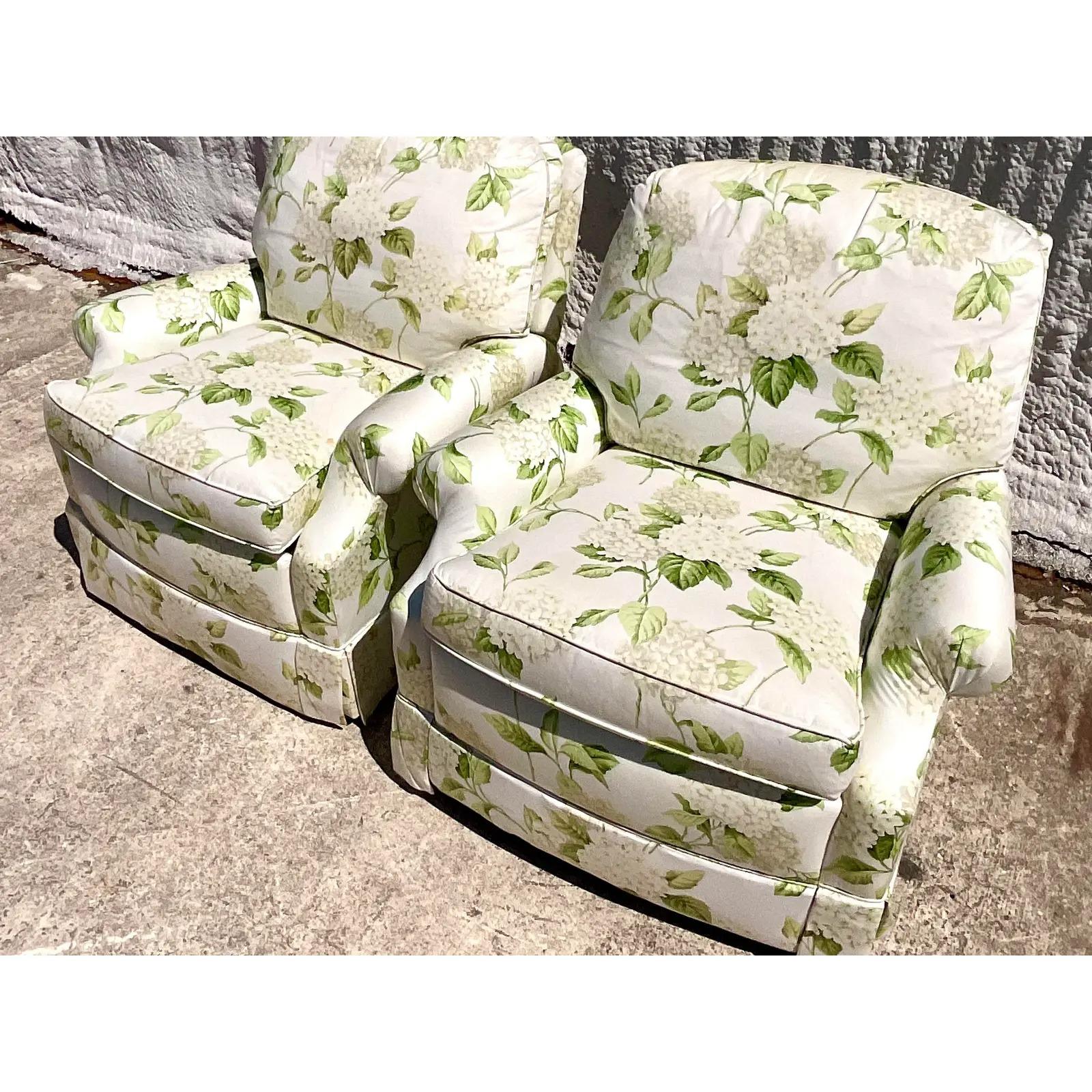 Vintage Regency Thibaut Hydrangea Print Sherrill Swivel Rocker Chairs, a Pair 2