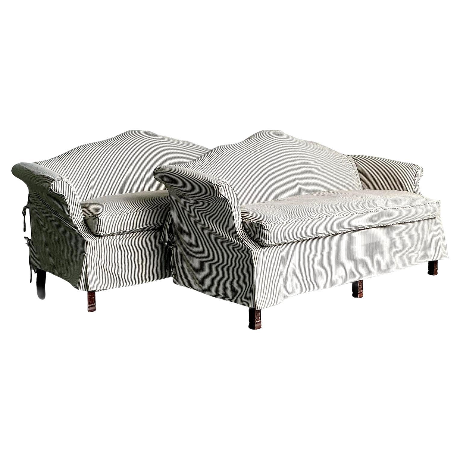 Vintage Regency Ticking Stripe Slipcover Camelback Sofas - A Pair For Sale
