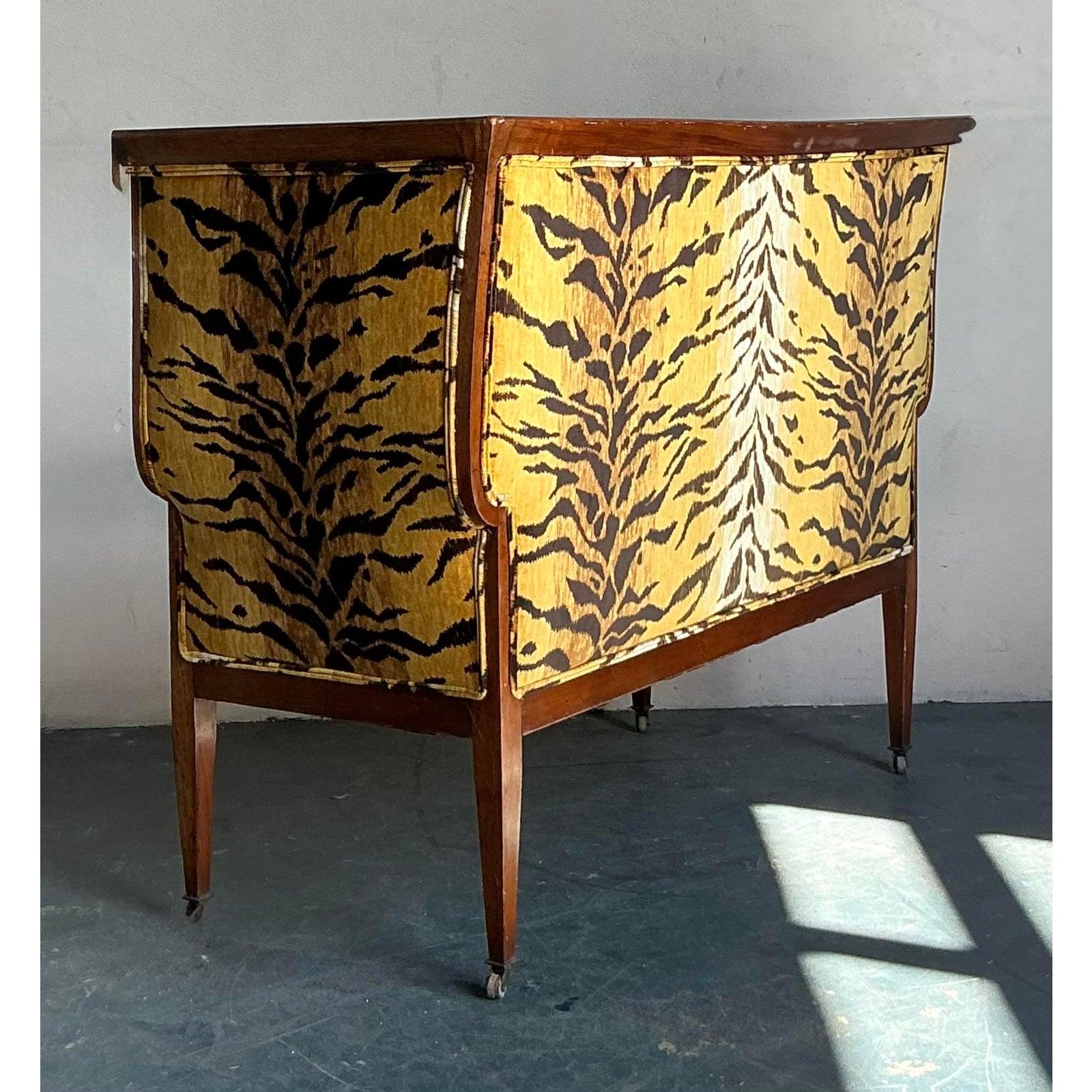 Art Deco Vintage Regency Tiger Velvet Settee For Sale
