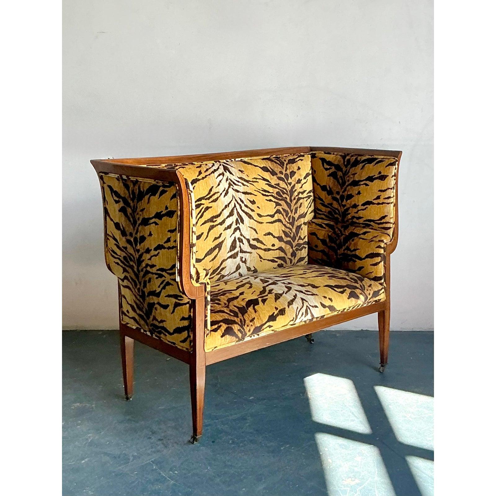American Vintage Regency Tiger Velvet Settee For Sale