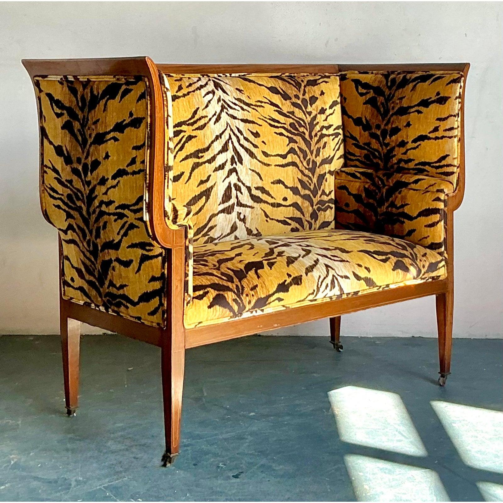 Vintage Regency Tiger Velvet Settee In Good Condition For Sale In West Palm Beach, FL