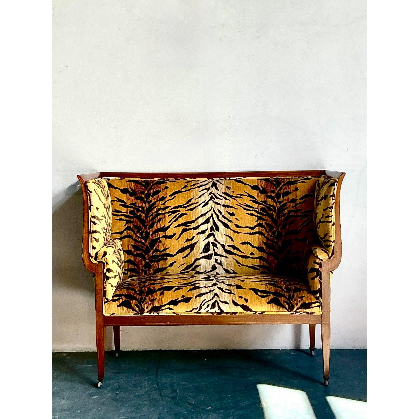 20th Century Vintage Regency Tiger Velvet Settee For Sale