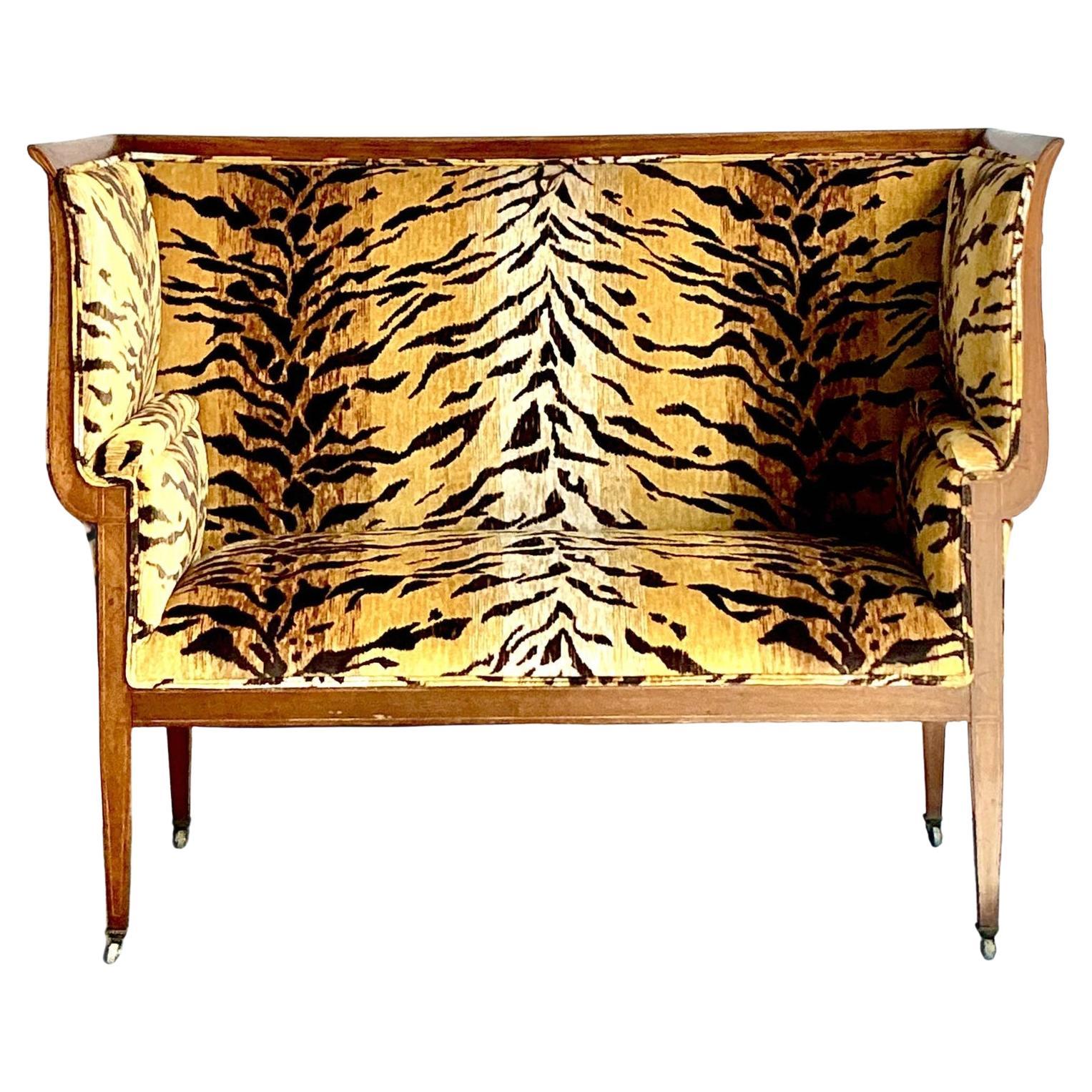 Vintage Regency Tiger Velvet Settee For Sale