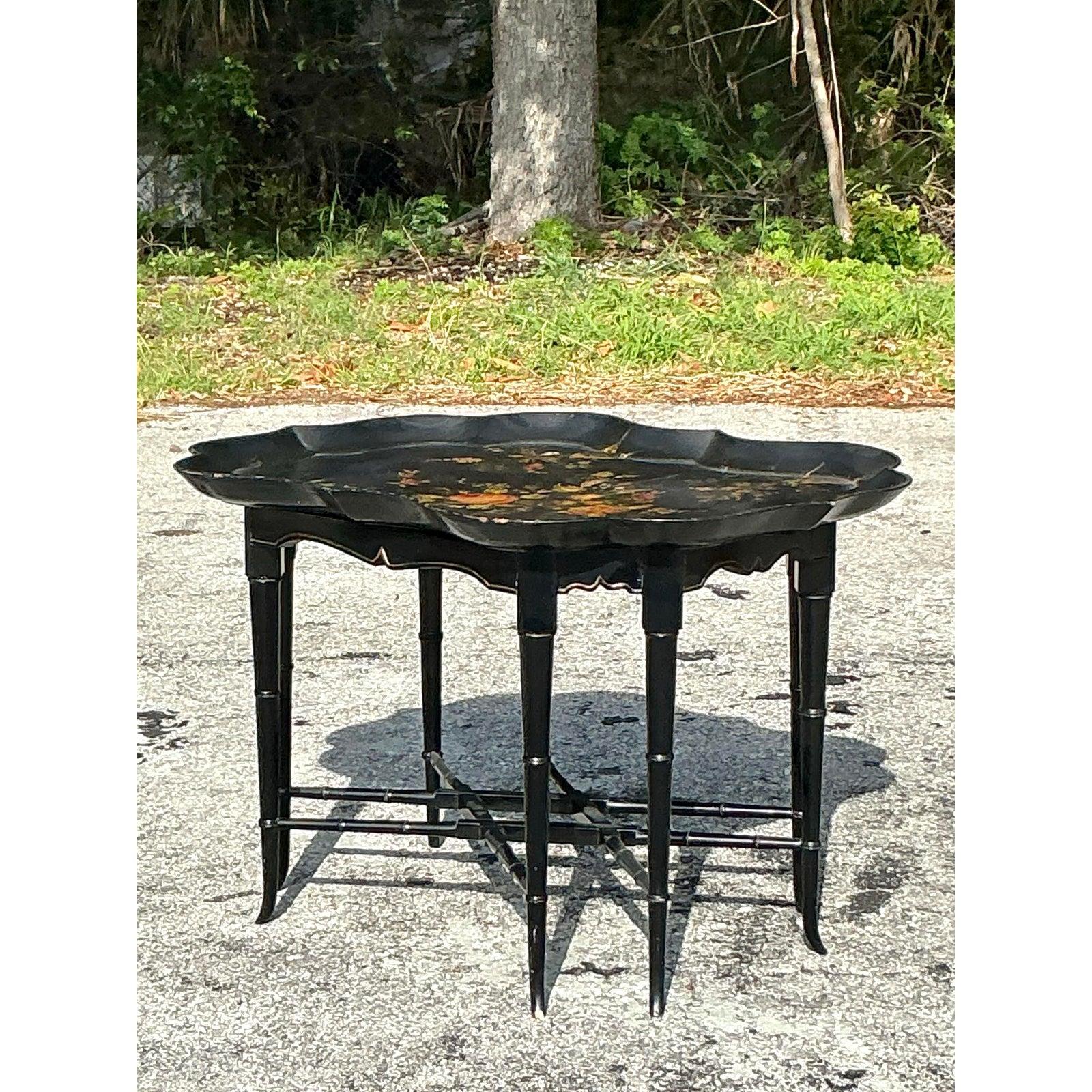 Wood Vintage Regency Tole Painted Tray Table For Sale