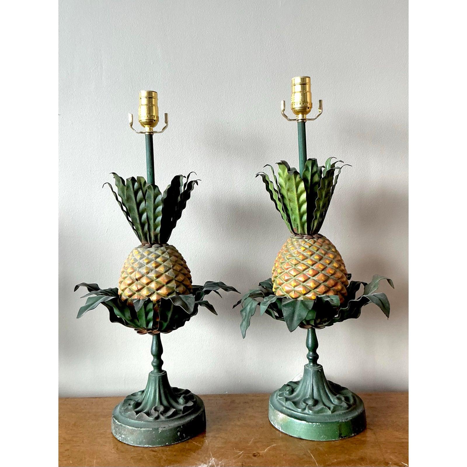 Italian Vintage Regency Tole Pineapple Lamps - A Pair For Sale