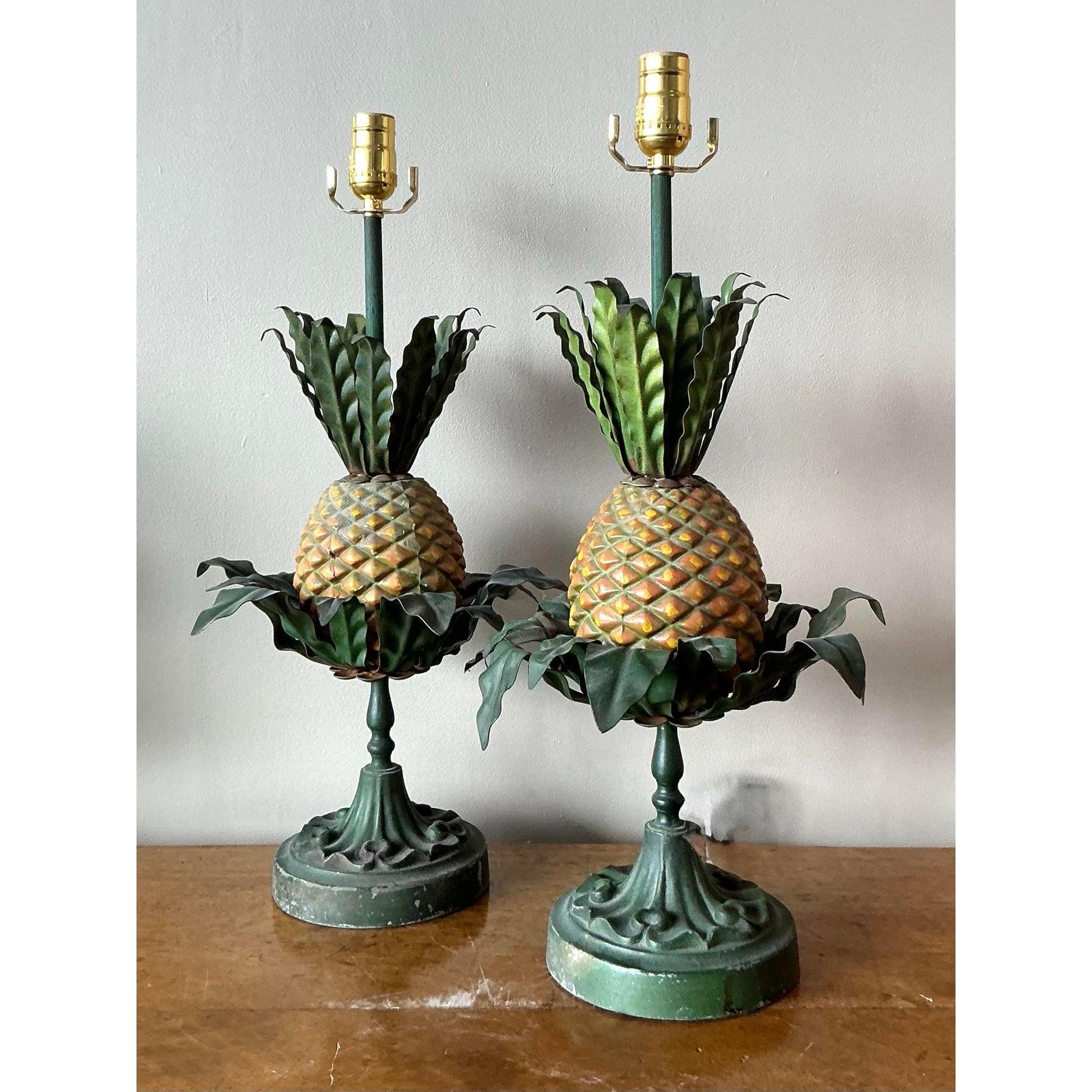 Vintage Regency Tole Pineapple Lamps - A Pair In Good Condition For Sale In West Palm Beach, FL