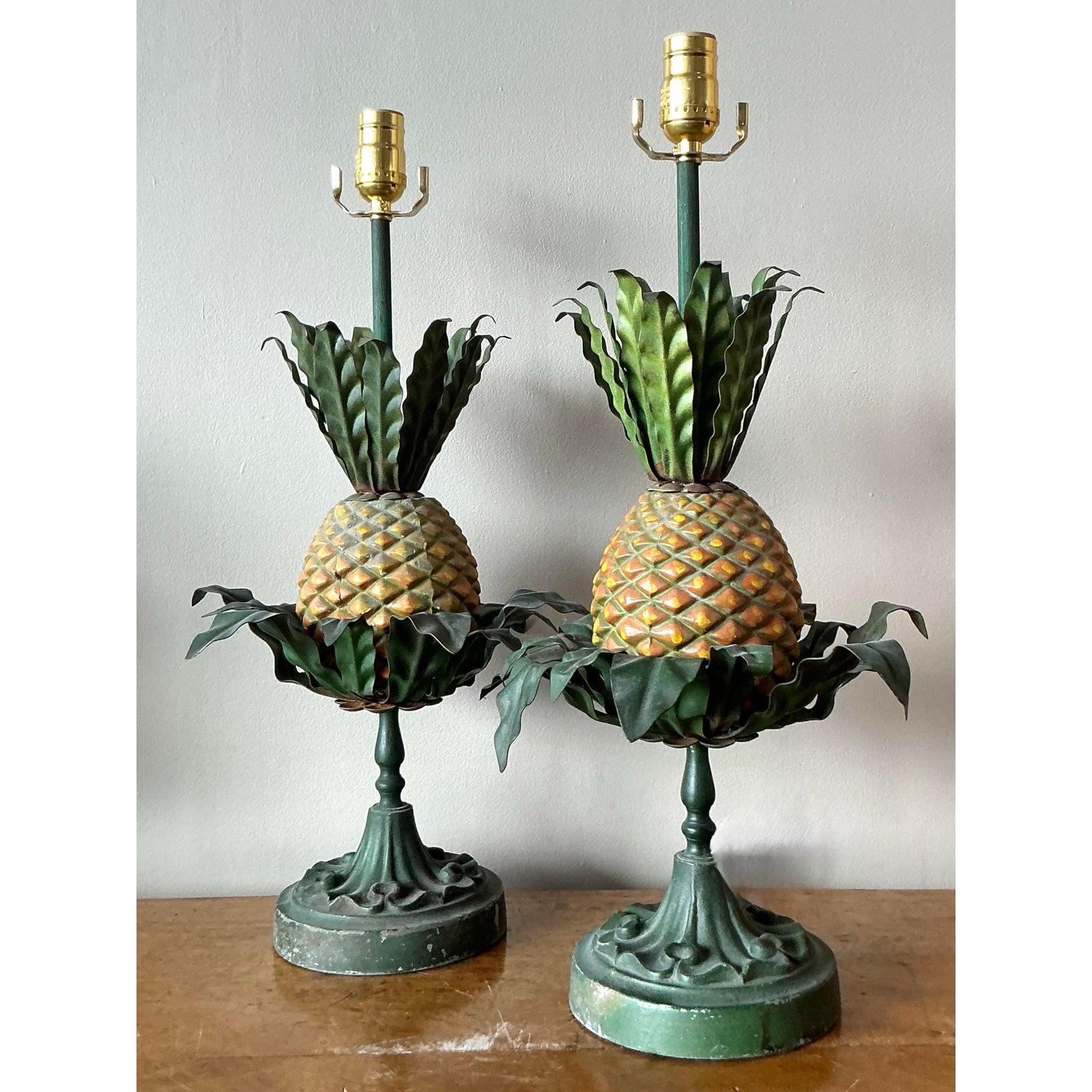 20th Century Vintage Regency Tole Pineapple Lamps - A Pair For Sale