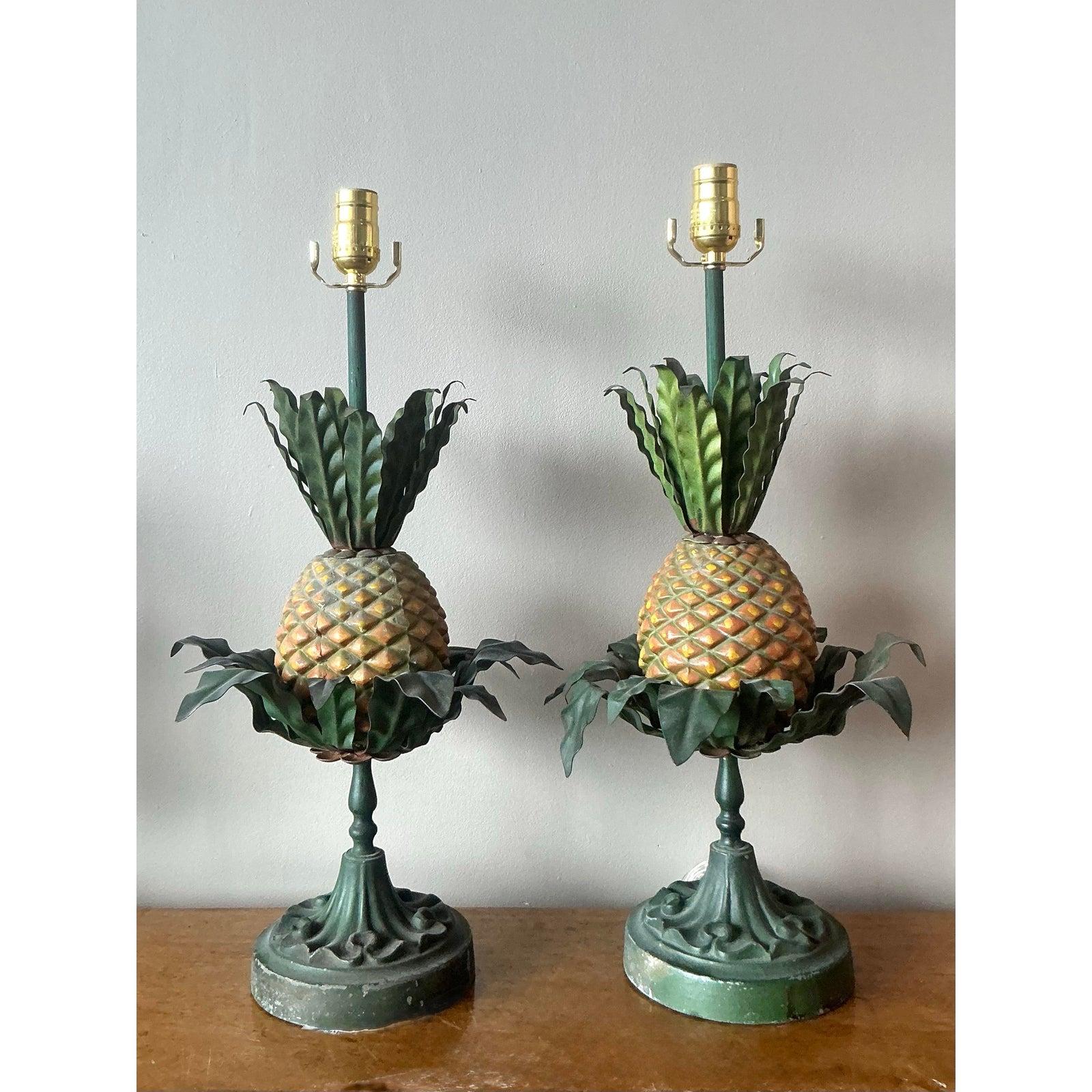 Vintage Regency Tole Pineapple Lamps - A Pair For Sale 1