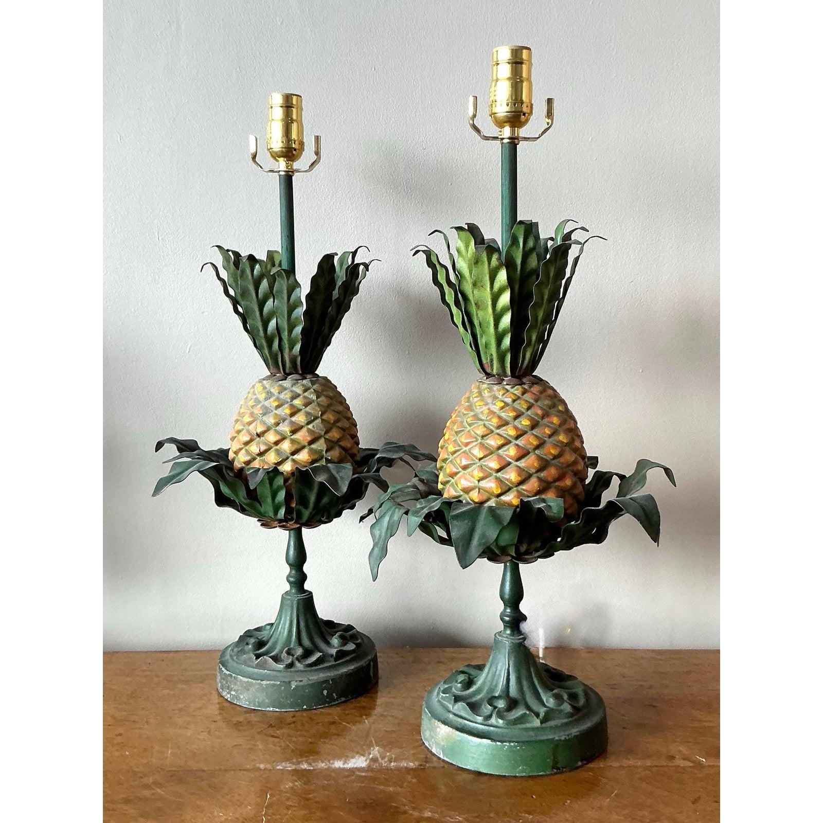 Vintage Regency Tole Pineapple Lamps - A Pair For Sale 2