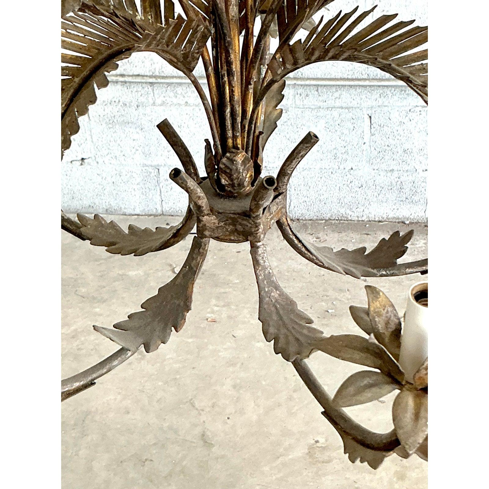 Stone Vintage Regency Tole Punch Cut Palm Chandelier For Sale