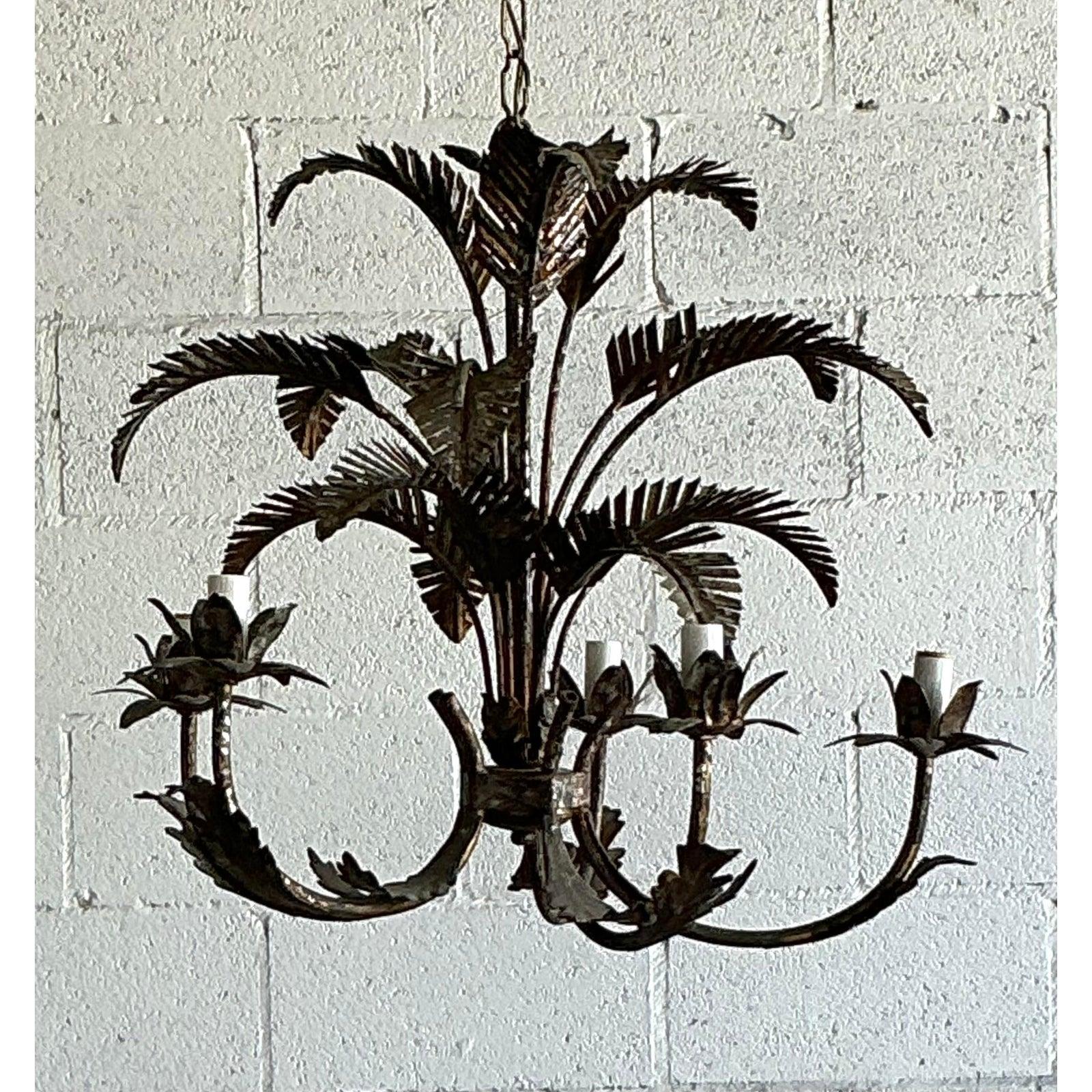 Vintage Regency Tole Punch Cut Palm Chandelier For Sale 1