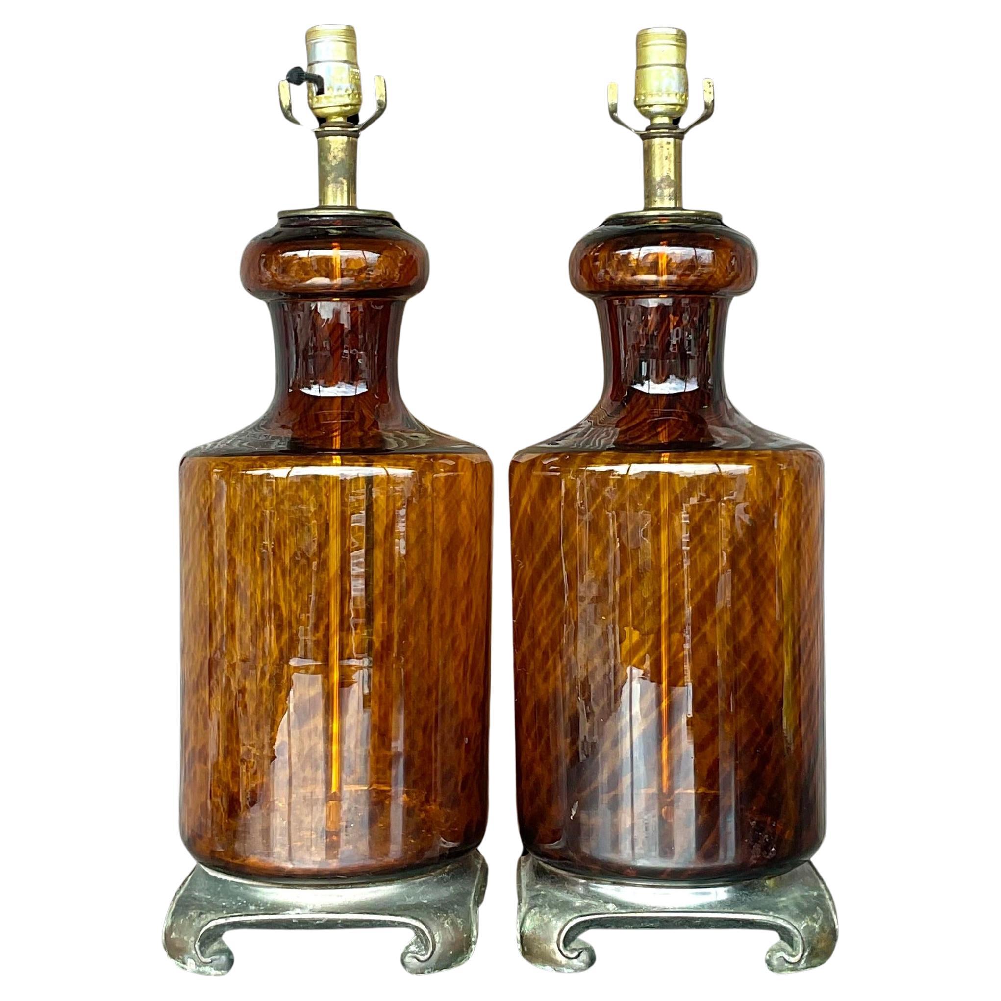 Vintage Regency Tortoise Glass Lamps on Brass Ming Plinths - a Pair