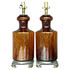 Vintage Regency Tortoise Glass Lamps on Brass Ming Plinths - a Pair