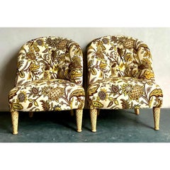 Vintage Regency Tufted Crewl Lounge Chairs - A Pair