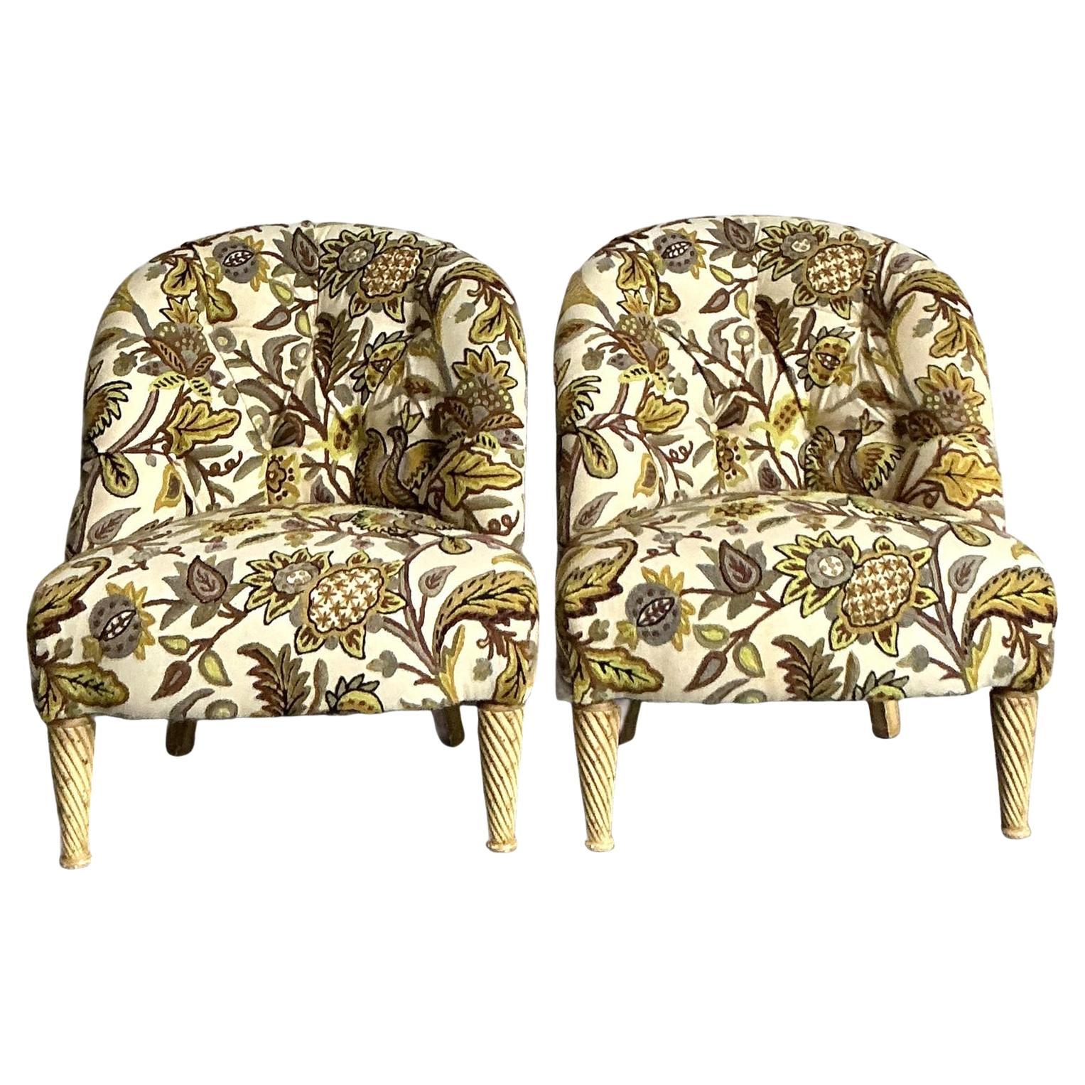 Vintage Regency Tufted Crewl Lounge Chairs - A Pair