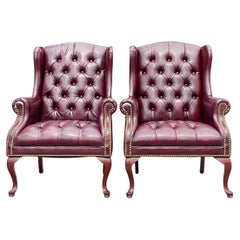 Vintage Regency Tufted Faux Leather Wingback Chairs, a Pair
