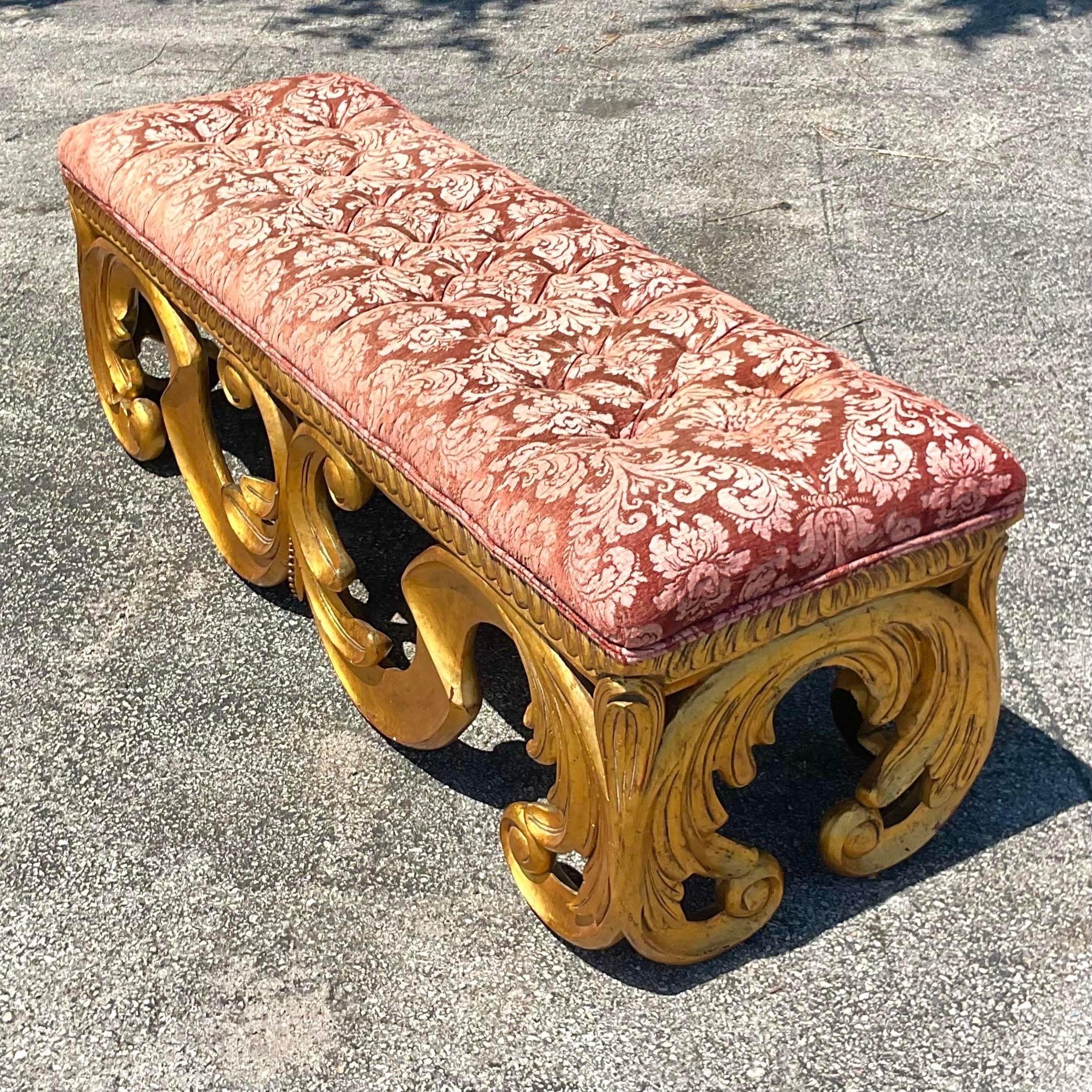 Add a touch of opulence to your space with our Vintage Regency Tufted Gilt Bench. American-crafted and exquisitely designed, this bench combines classic Regency style with tufted upholstery and gilt accents, offering a blend of luxury and comfort