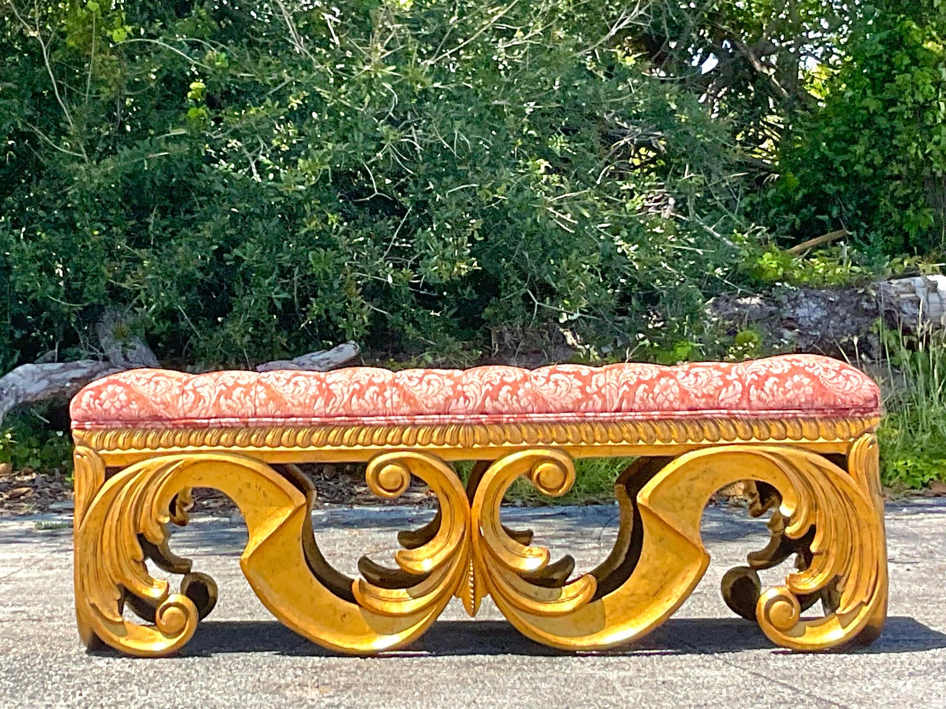Vintage Regency Tufted Gilt Bench In Good Condition For Sale In west palm beach, FL