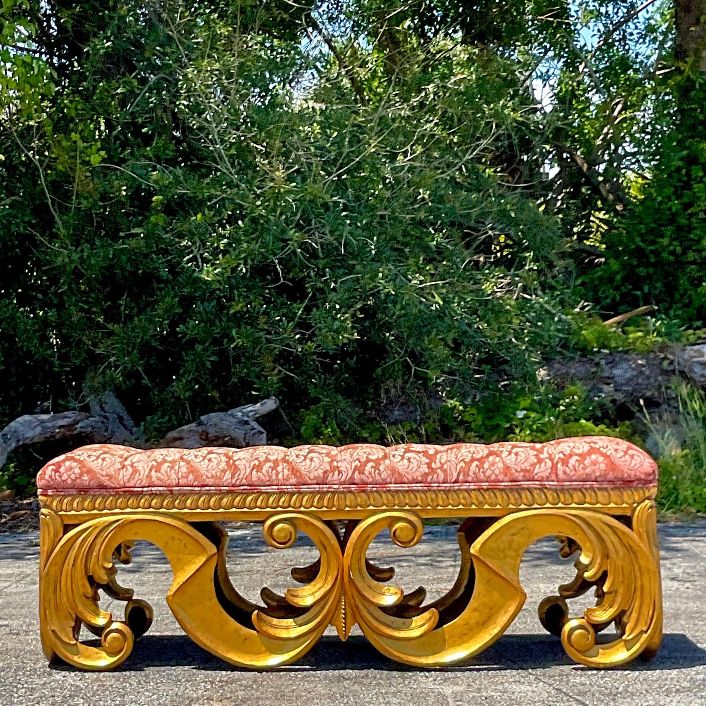 20th Century Vintage Regency Tufted Gilt Bench For Sale
