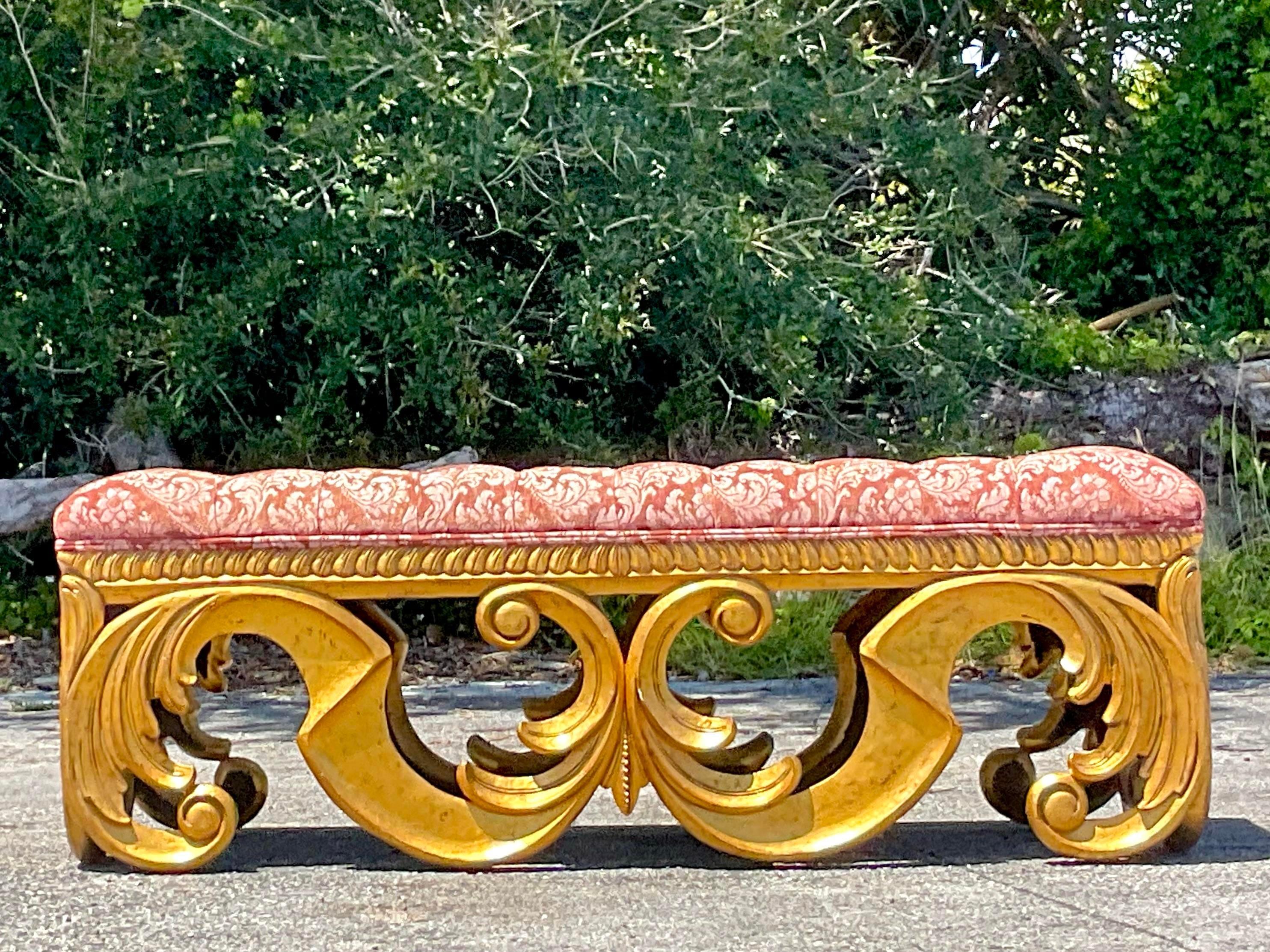 Upholstery Vintage Regency Tufted Gilt Bench For Sale