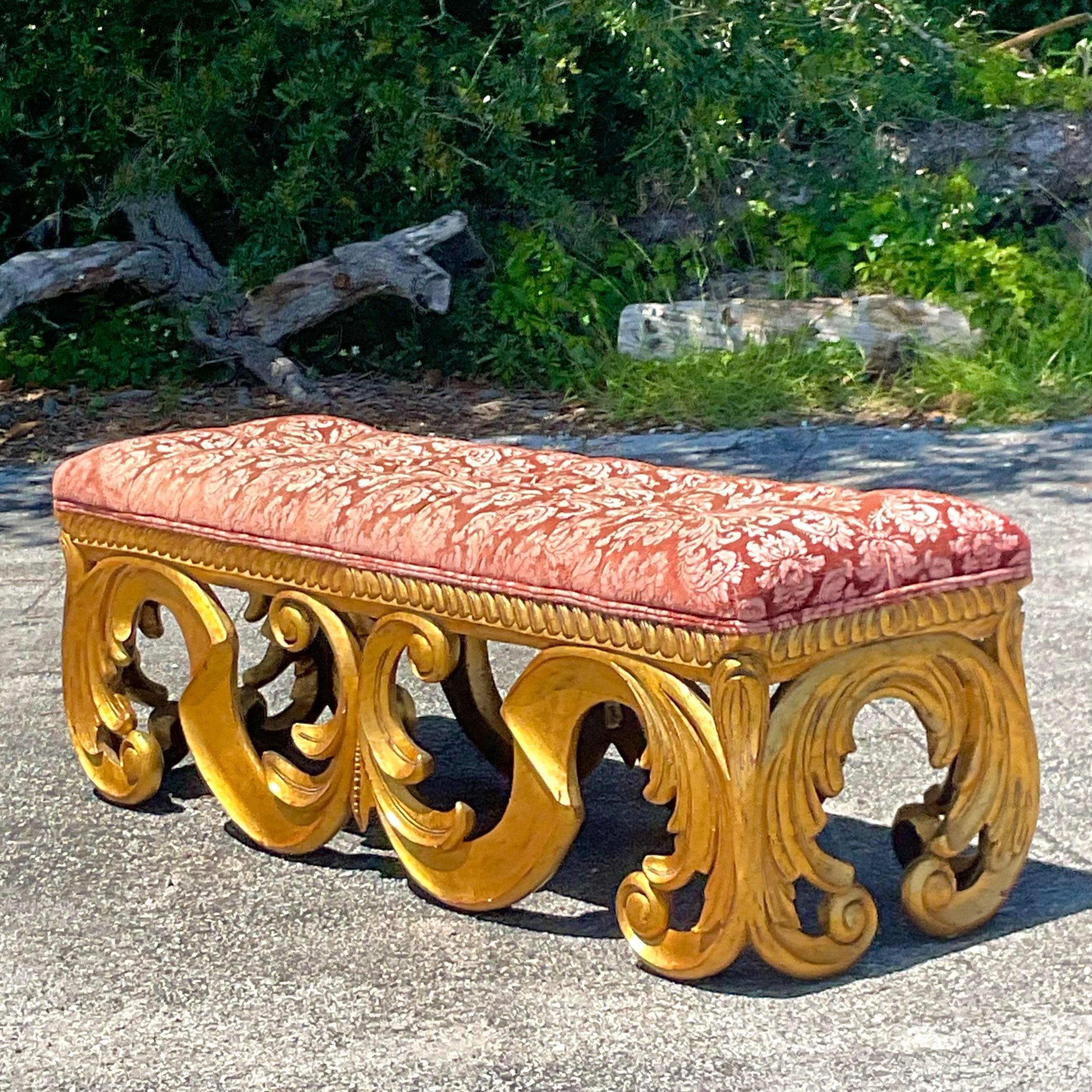 Vintage Regency Tufted Gilt Bench For Sale 1