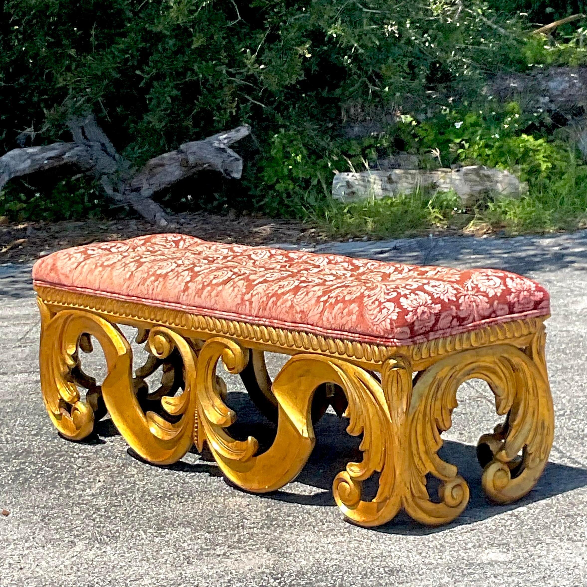 Vintage Regency Tufted Gilt Bench For Sale 2